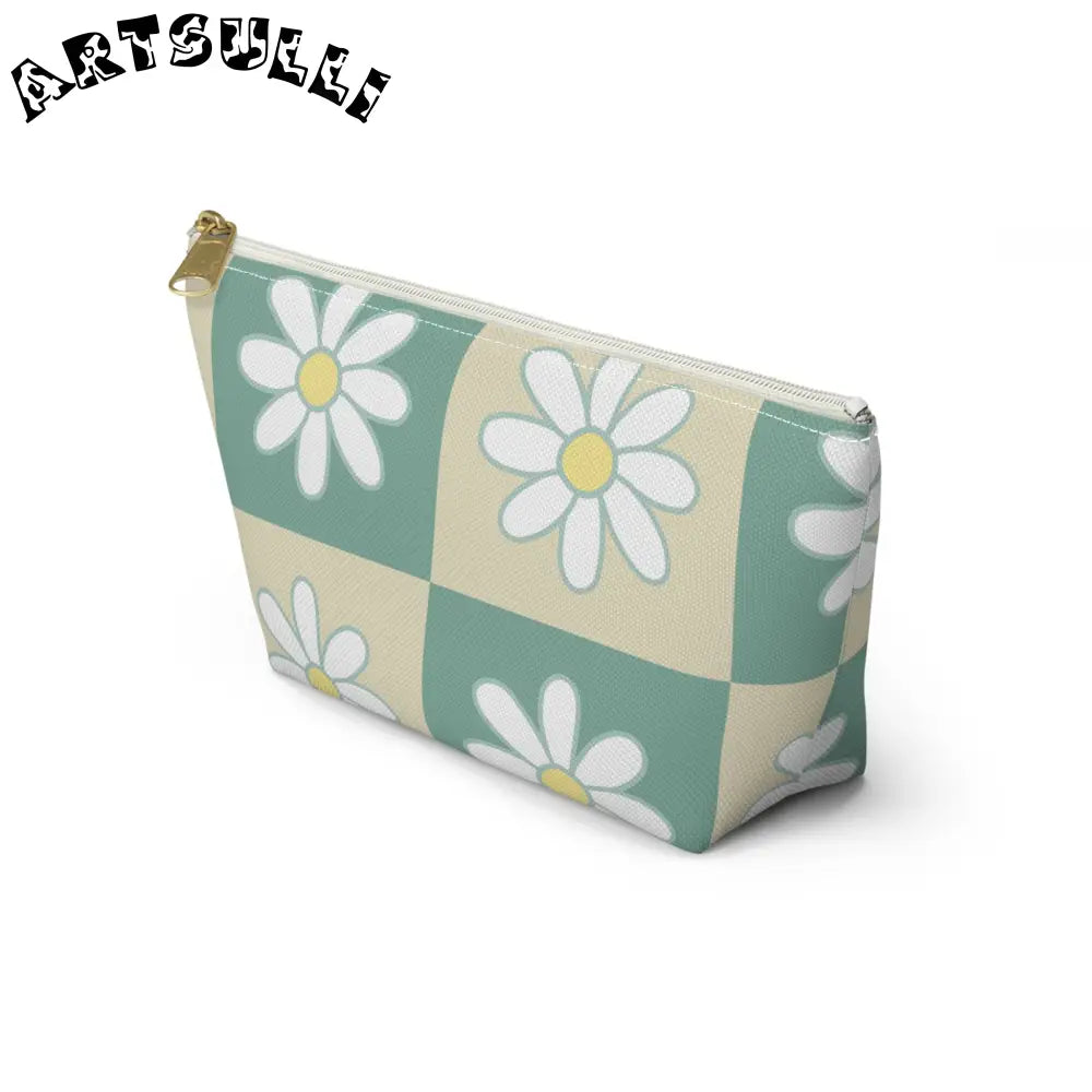JAKKOUTTHEBXX Retro Daisy Checkerboard Green and Tan Accessory Pouch