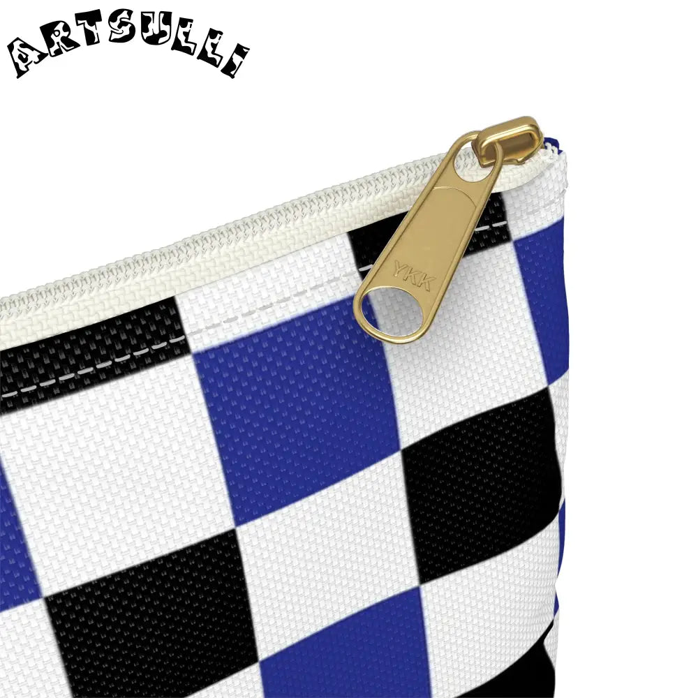 JAKKOUTTHEBXX Checkerboard Blue White and Black Accessory Pouch
