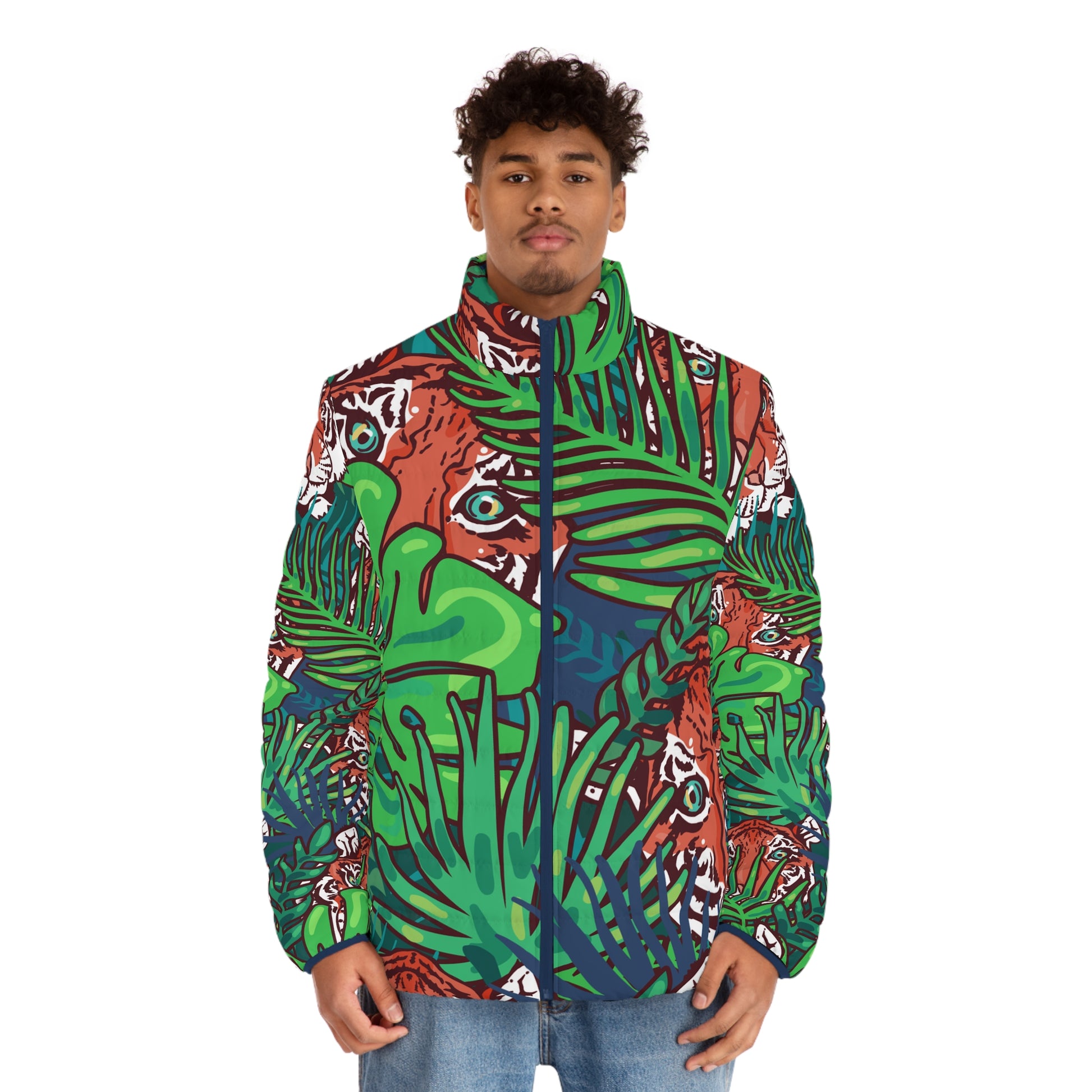 Tropical Jungle Tigers Blue and Green Men's Puffer Jacket (AOP), Artsulli - Art is Long, Life is Short, All Over Prints, , , , , , , 