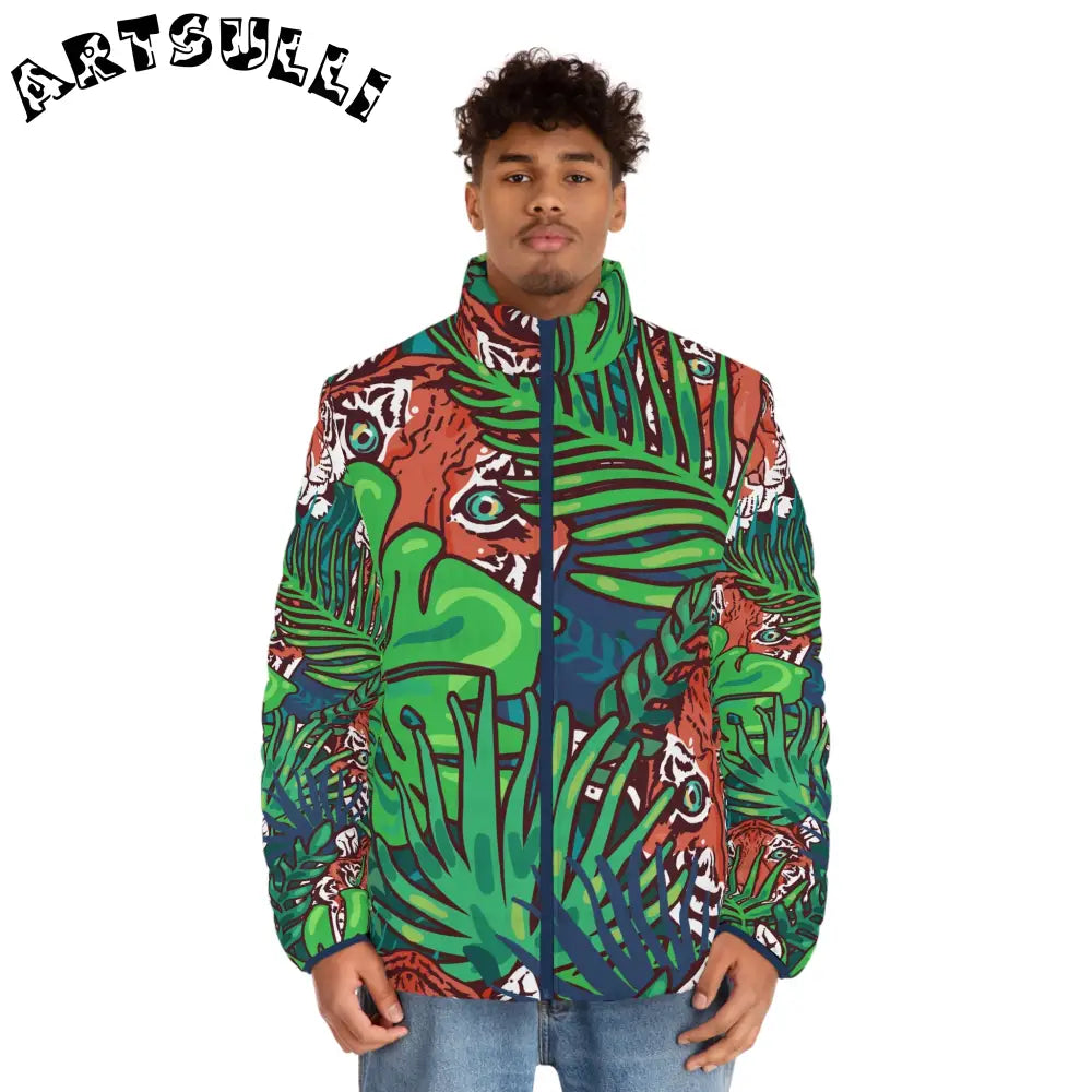 JAKKOUTTHEBXX Tropical Jungle Tigers Blue and Green Men’s Puffer