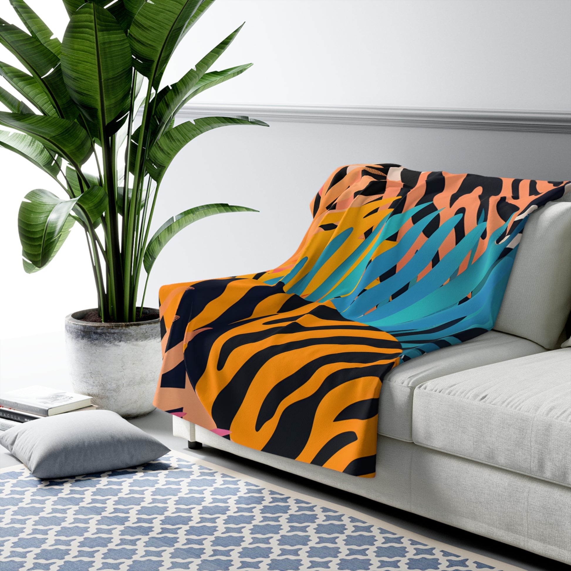 Palm Leaves x Zebra Stripes x Tiger Stripes Orange and Blue  Sherpa Fleece Blanket, Artsulli - Art is Long, Life is Short, Home Decor, , , , , , , 