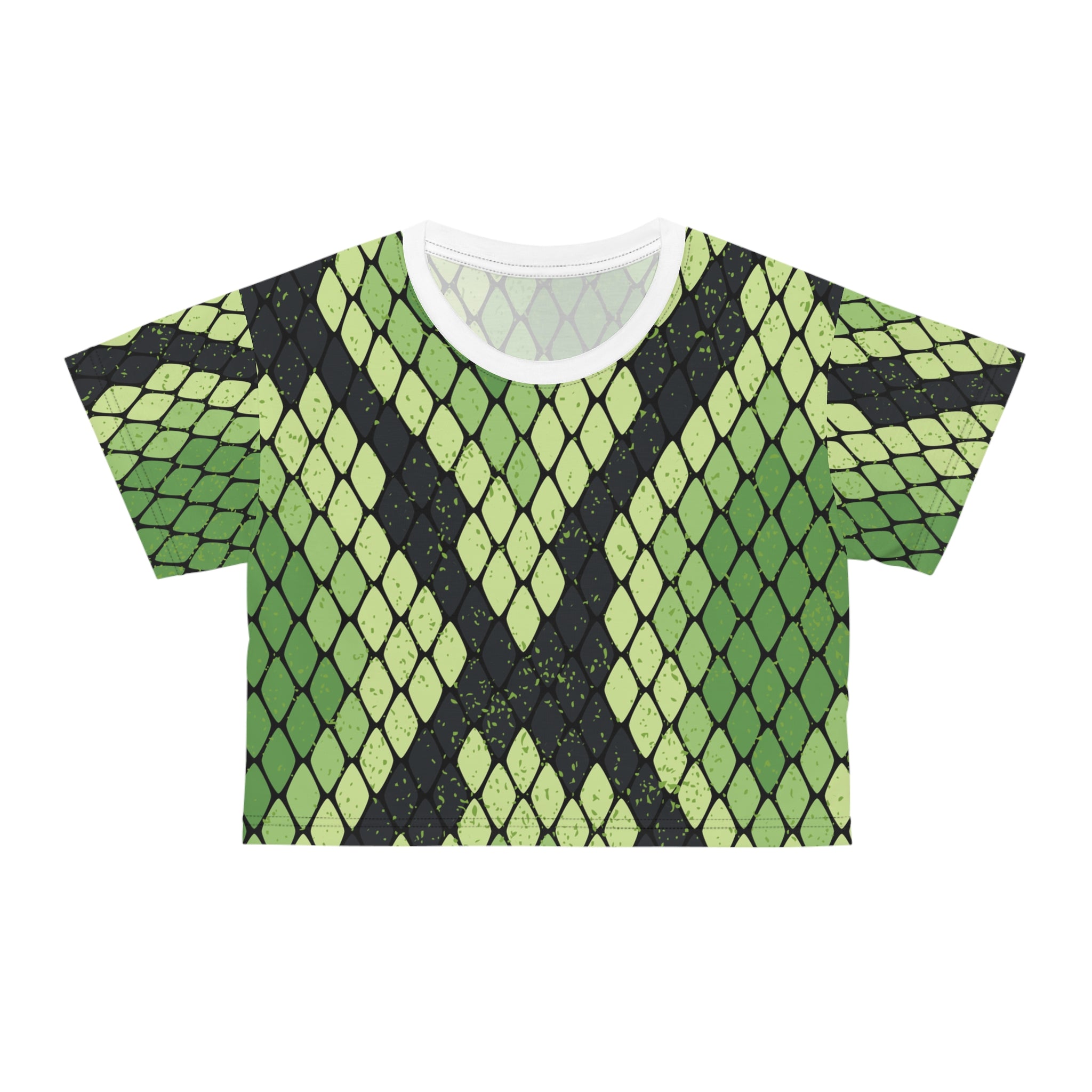 Snake Skin Green and Black Crop Tee (AOP), Artsulli - Art is Long, Life is Short, All Over Prints, Color, Black stitching, Size, XS, , , 11169361838400