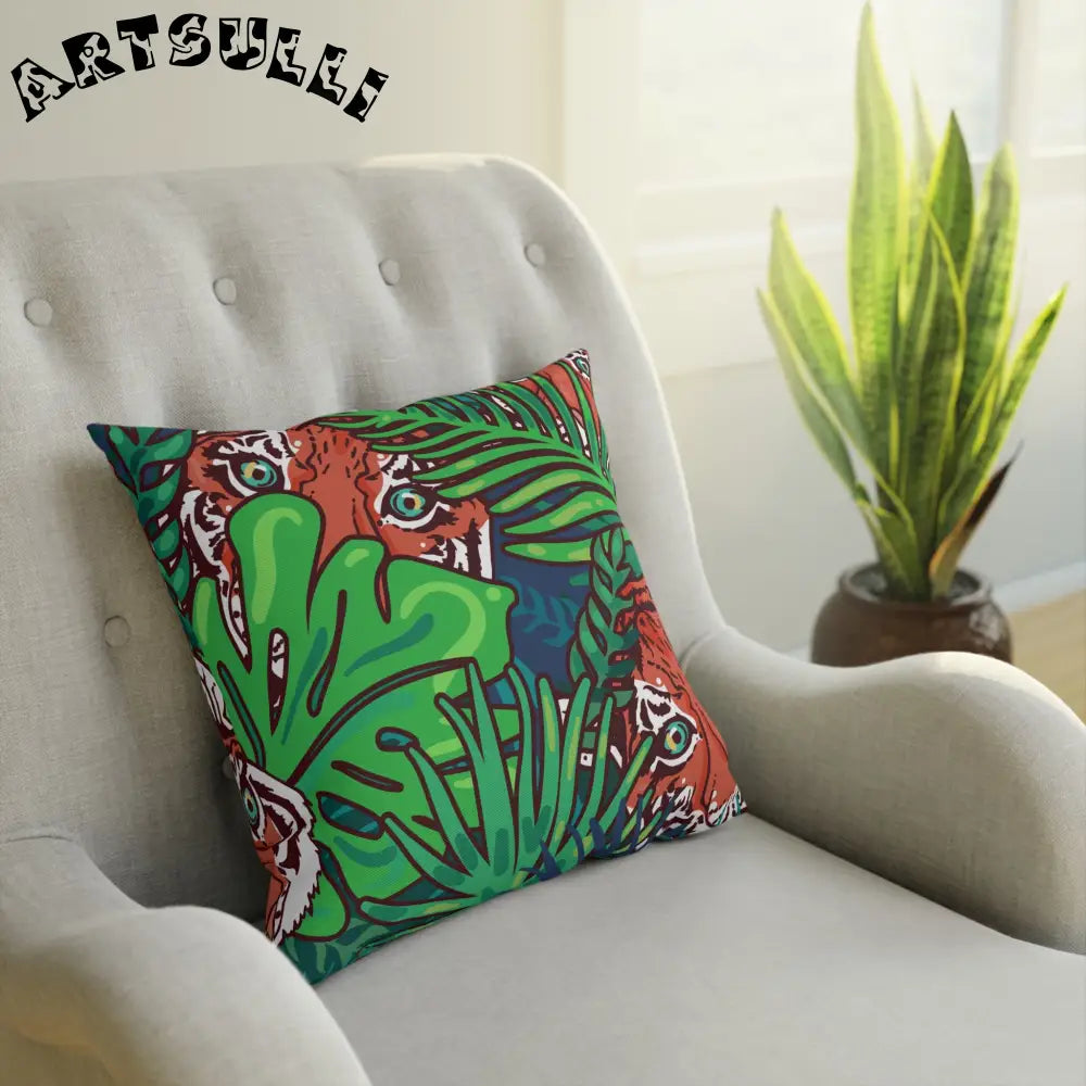 JAKKOUTTHEBXX Tropical Jungle Tigers Blue and Green Cushion