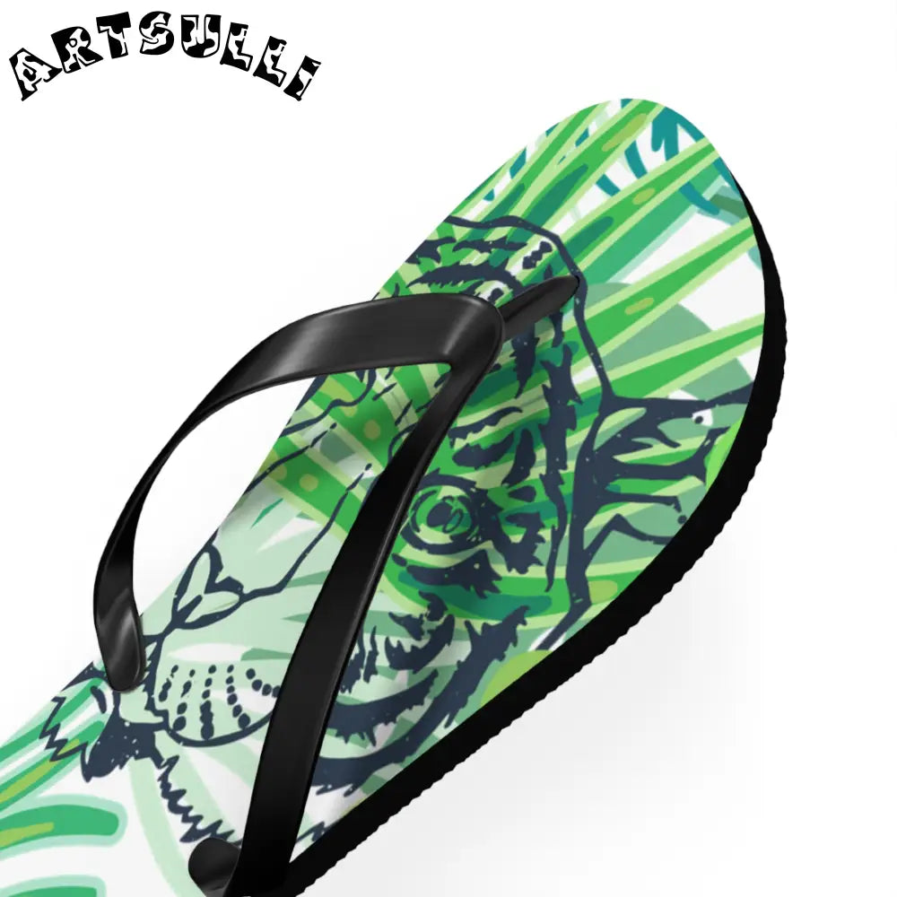 JAKKOUTTHEBXX Tropical Jungle Tigers Green Flip Flops JAKKOUTTHEBXX
