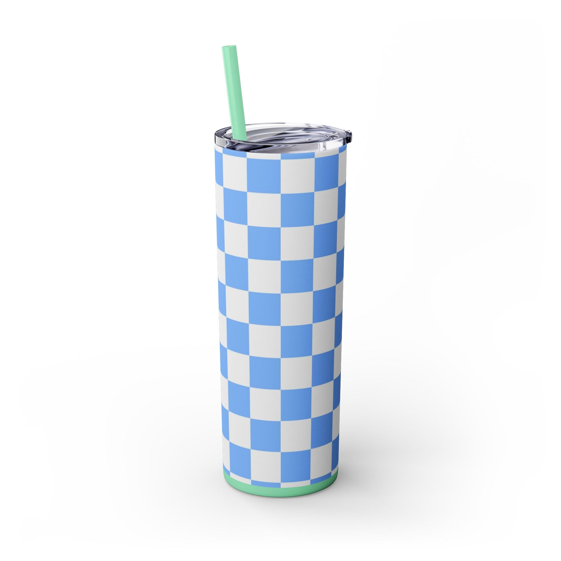 Checkerboard White and Light Blue Skinny Tumbler with Straw, 20oz, Artsulli - Art is Long, Life is Short, Mug, , , , , , , 