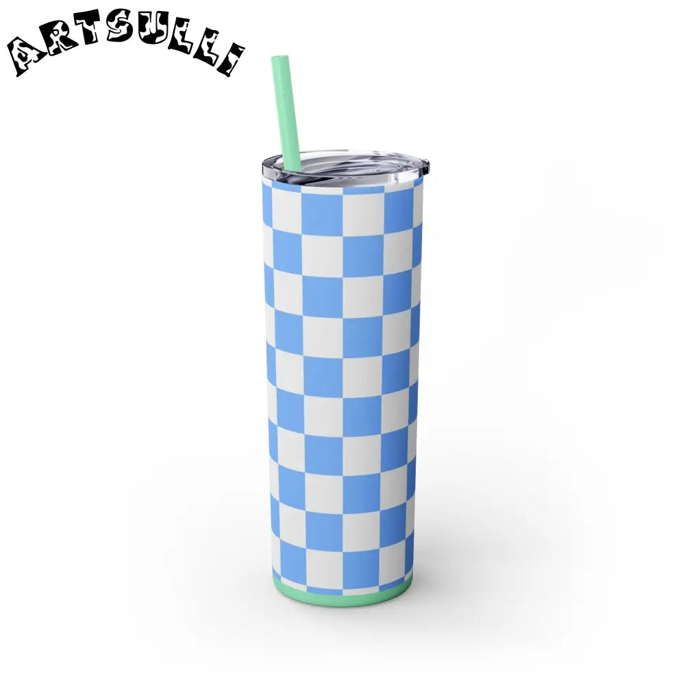 JAKKOUTTHEBXX Checkerboard White and Light Blue Skinny Tumbler