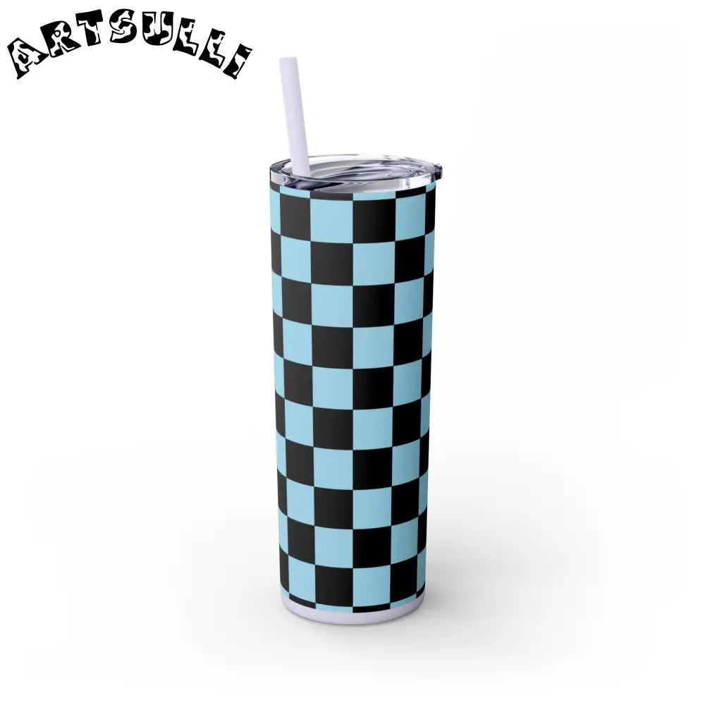 JAKKOUTTHEBXX Checkerboard Black and Blue Skinny Tumbler with Straw