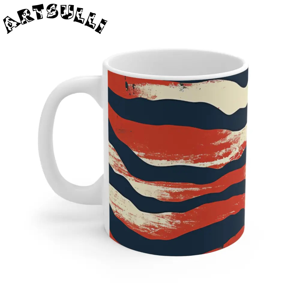 JAKKOUTTHEBXX White Ceramic Mug with Abstract Red Cream and Navy