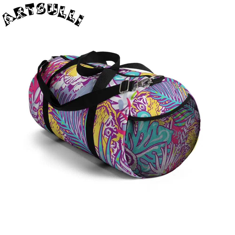JAKKOUTTHEBXX Tropical Floral Tigers Torquise and Purple Duffel Bag