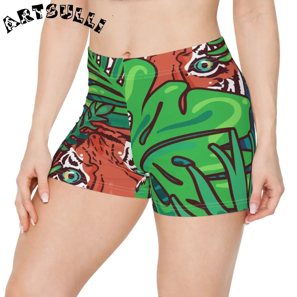 JAKKOUTTHEBXX Tropical Jungle Tigers Blue and Green Women’s Shorts