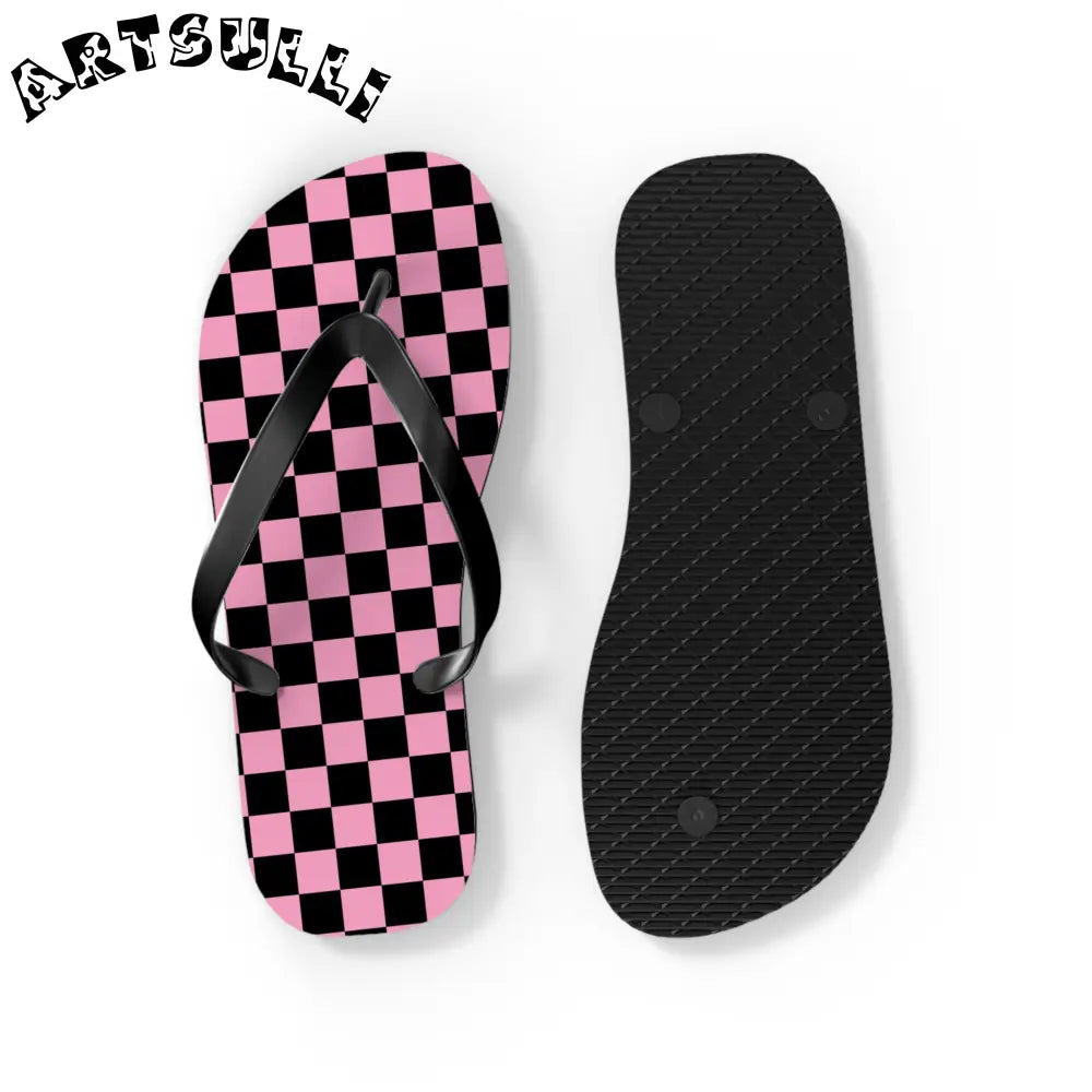 JAKKOUTTHEBXX Checkerboard Black and Pink Flip Flops JAKKOUTTHEBXX