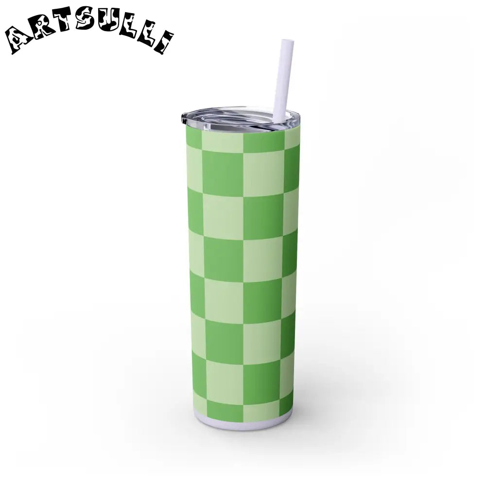JAKKOUTTHEBXX Checkerboard Green Skinny Tumbler with Straw 20oz