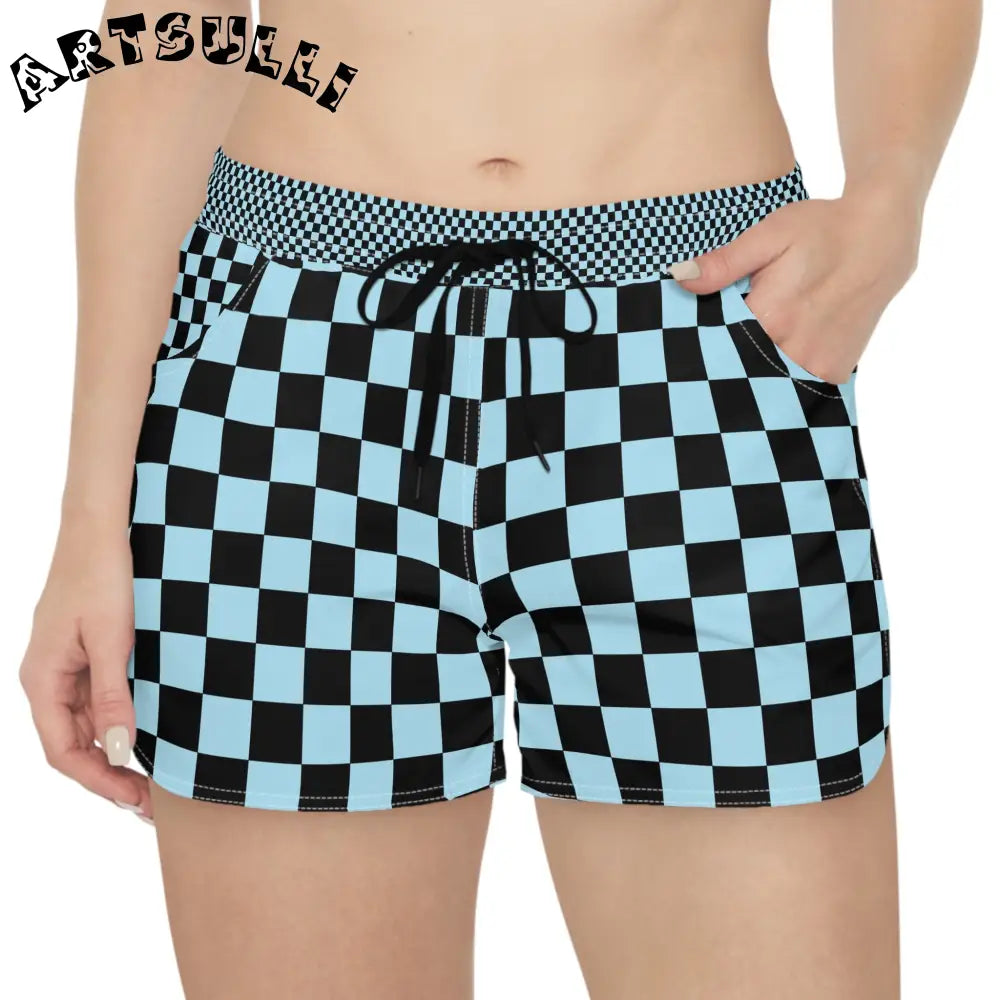 JAKKOUTTHEBXX Checkerboard Black and Blue Women’s Casual Shorts