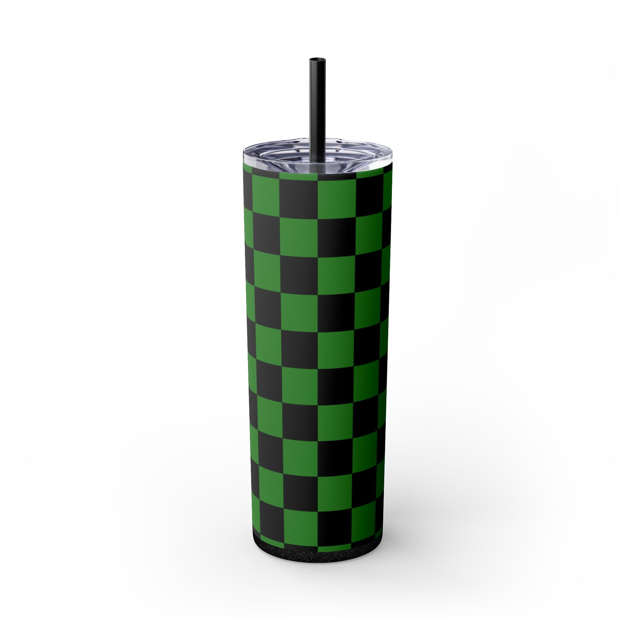 Checkerboard Green and Black Skinny Tumbler with Straw, 20oz, Artsulli - Art is Long, Life is Short, Mug, Finish, Glossy, Color, Glitter Black, Size, 20oz, 18576751537168730920