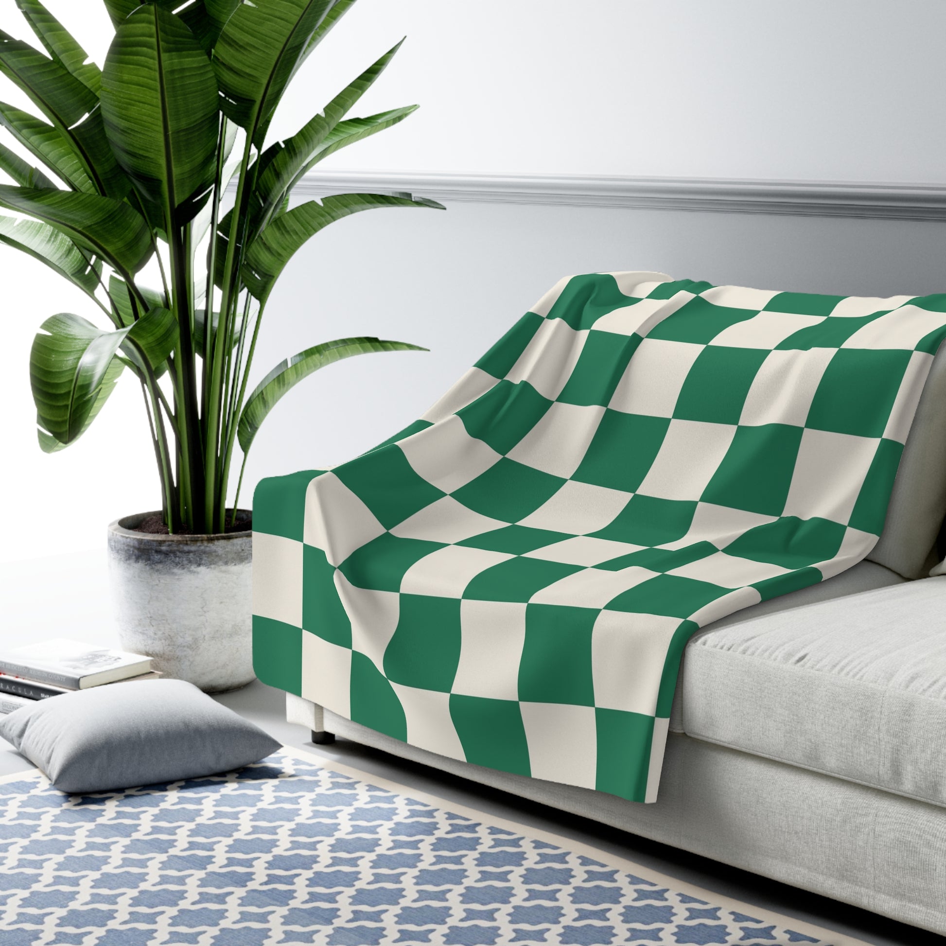 Checkerboard II Dark Green Sherpa Fleece Blanket, Artsulli - Art is Long, Life is Short, Home Decor, , , , , , , 