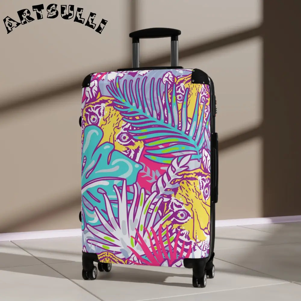 JAKKOUTTHEBXX Tropical Floral Tigers Torquise and Purple Suitcase