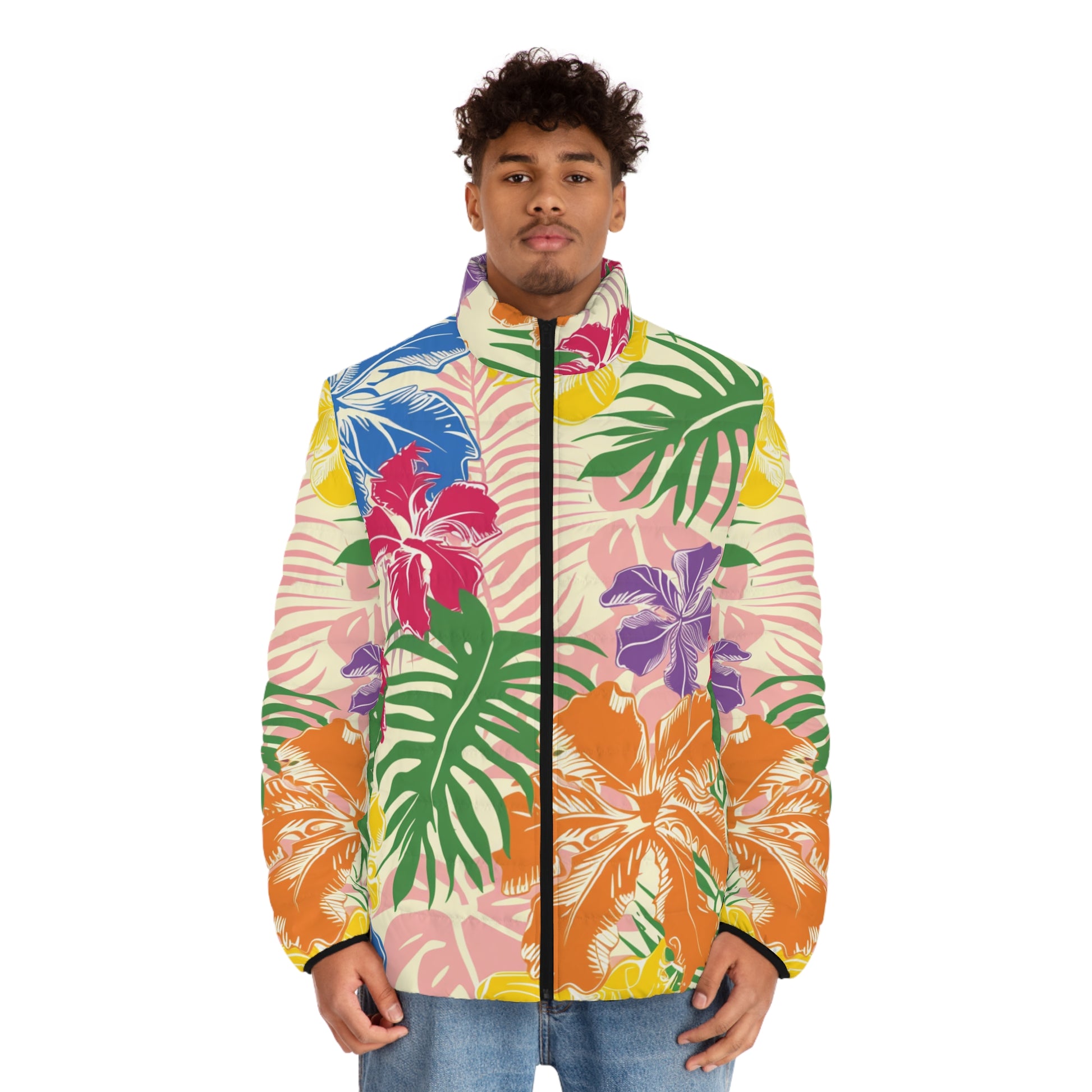 Blooming Tropical Flowers Men's Puffer Jacket (AOP), Artsulli - Art is Long, Life is Short, All Over Prints, , , , , , , 