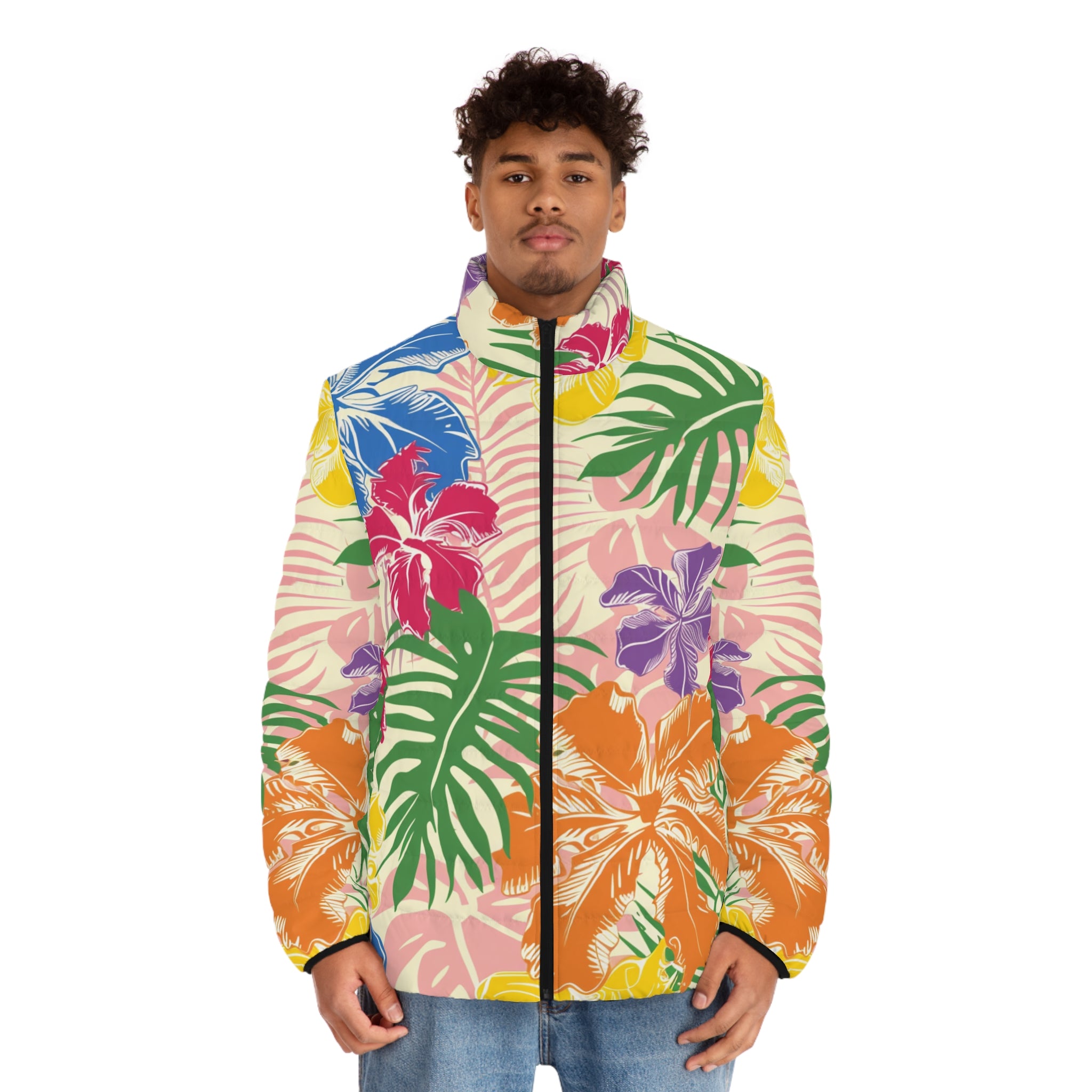 Blooming Tropical Flowers Men's Puffer Jacket (AOP), Artsulli - Art is Long, Life is Short, All Over Prints, , , , , , , 