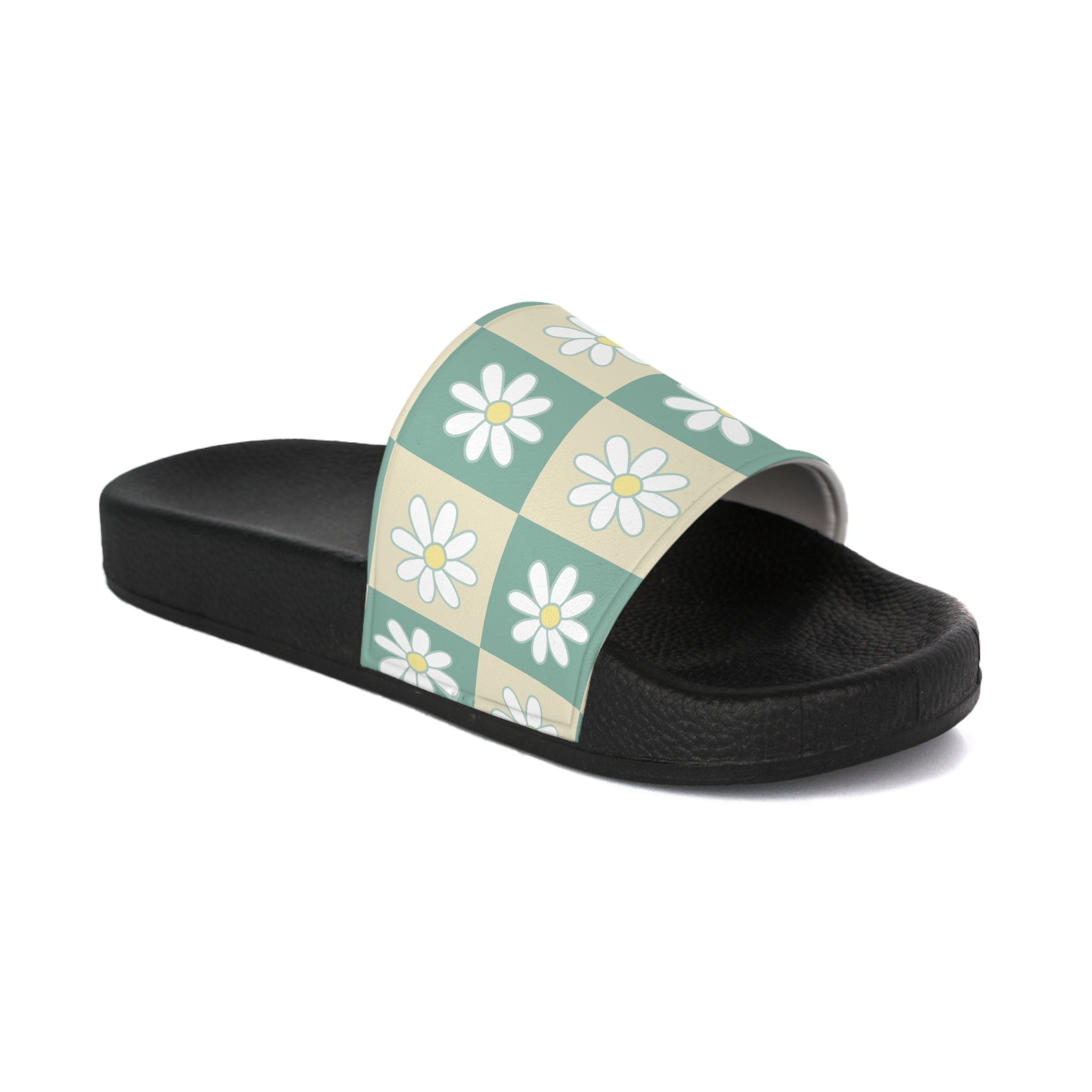 Retro Daisy Checkerboard Green and Tan Women's Slide Sandals, Artsulli - Art is Long, Life is Short, Shoes, Color, Black sole, Size, US 5, , , 14015604710948072078