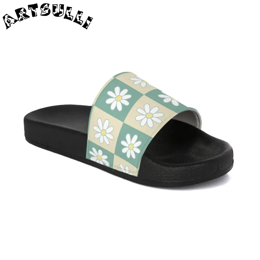 JAKKOUTTHEBXX Retro Daisy Checkerboard Green and Tan Women’s Slide