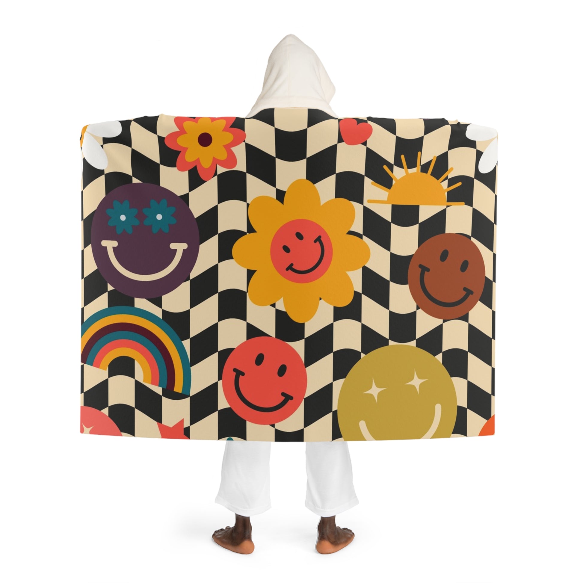 Trippy x Wavy Checkerboard x Smiley Face x Rainbow x Flowers Multi-Color Hooded Sherpa Fleece Blanket, Artsulli - Art is Long, Life is Short, All Over Prints, , , , , , , 