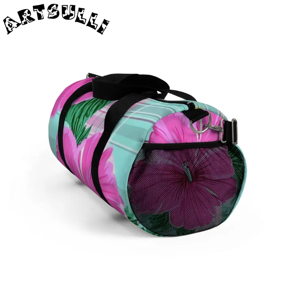 JAKKOUTTHEBXX Teal and Pink Hibiscus Duffel Bag JAKKOUTTHEBXX