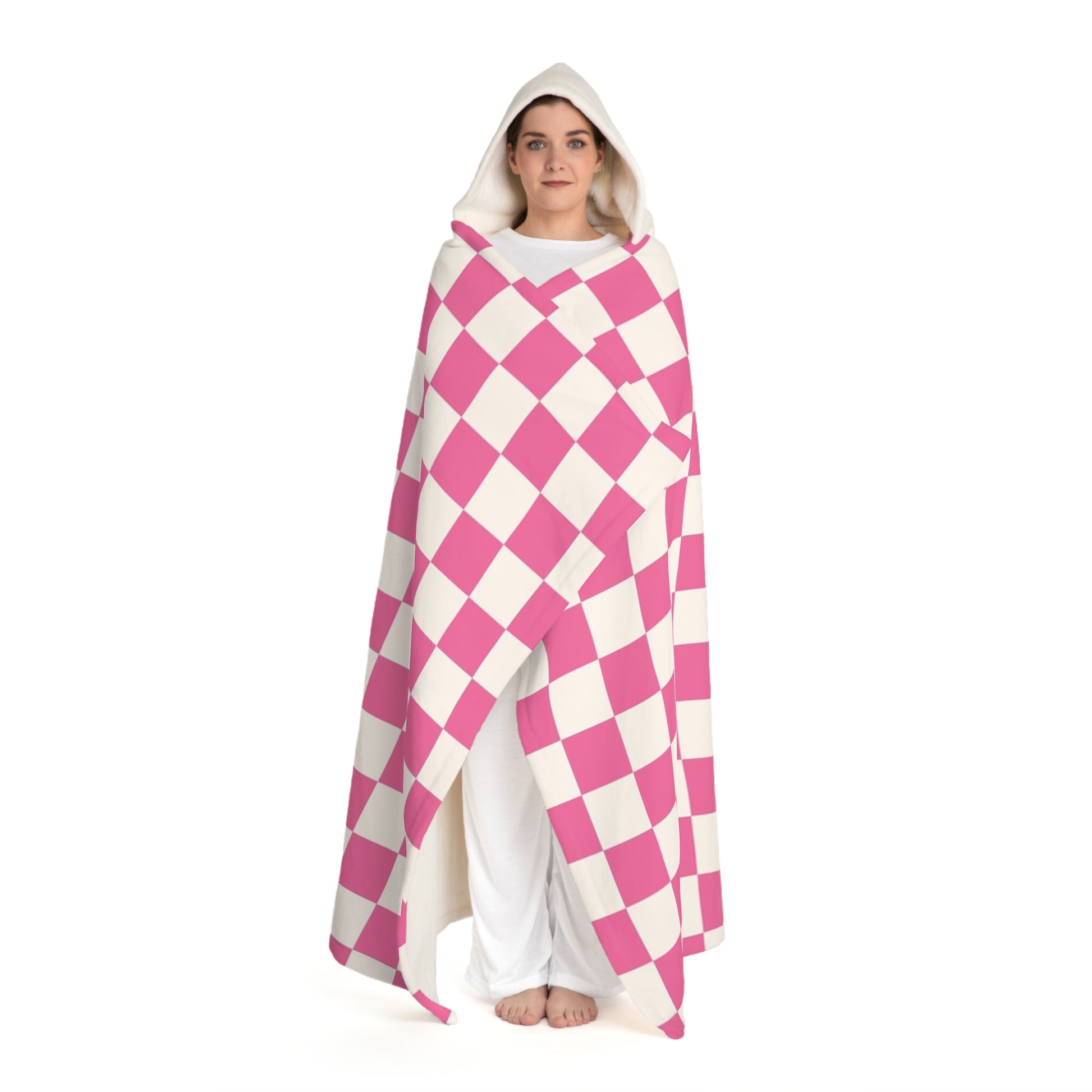 Yuyushiki Pink Check Hooded Sherpa Fleece Blanket, Artsulli - Art is Long, Life is Short, All Over Prints, , , , , , , 