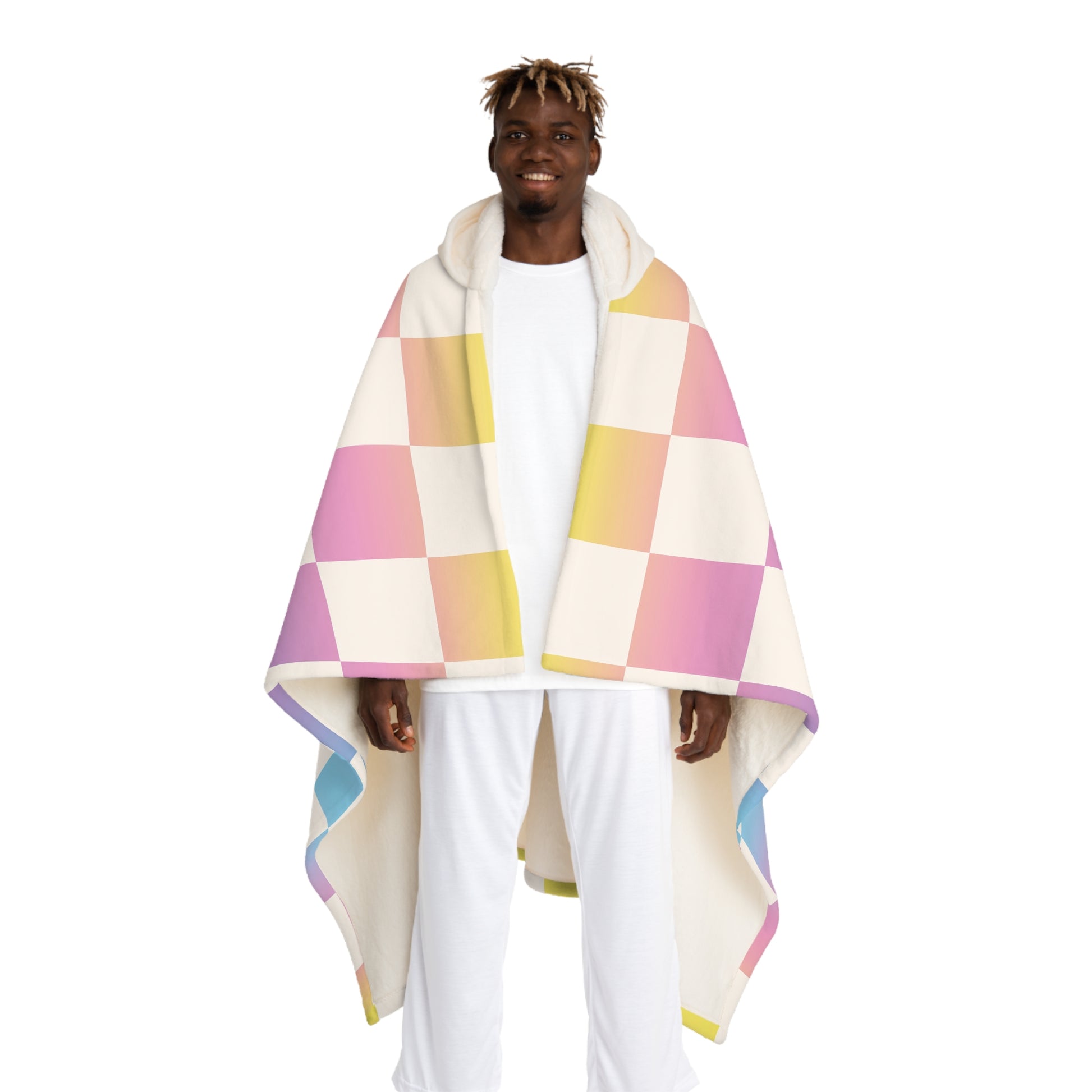 Vaporwave Check Hooded Sherpa Fleece Blanket, Artsulli - Art is Long, Life is Short, All Over Prints, Size, One size, Color, Cream, , , 30938798823240089400