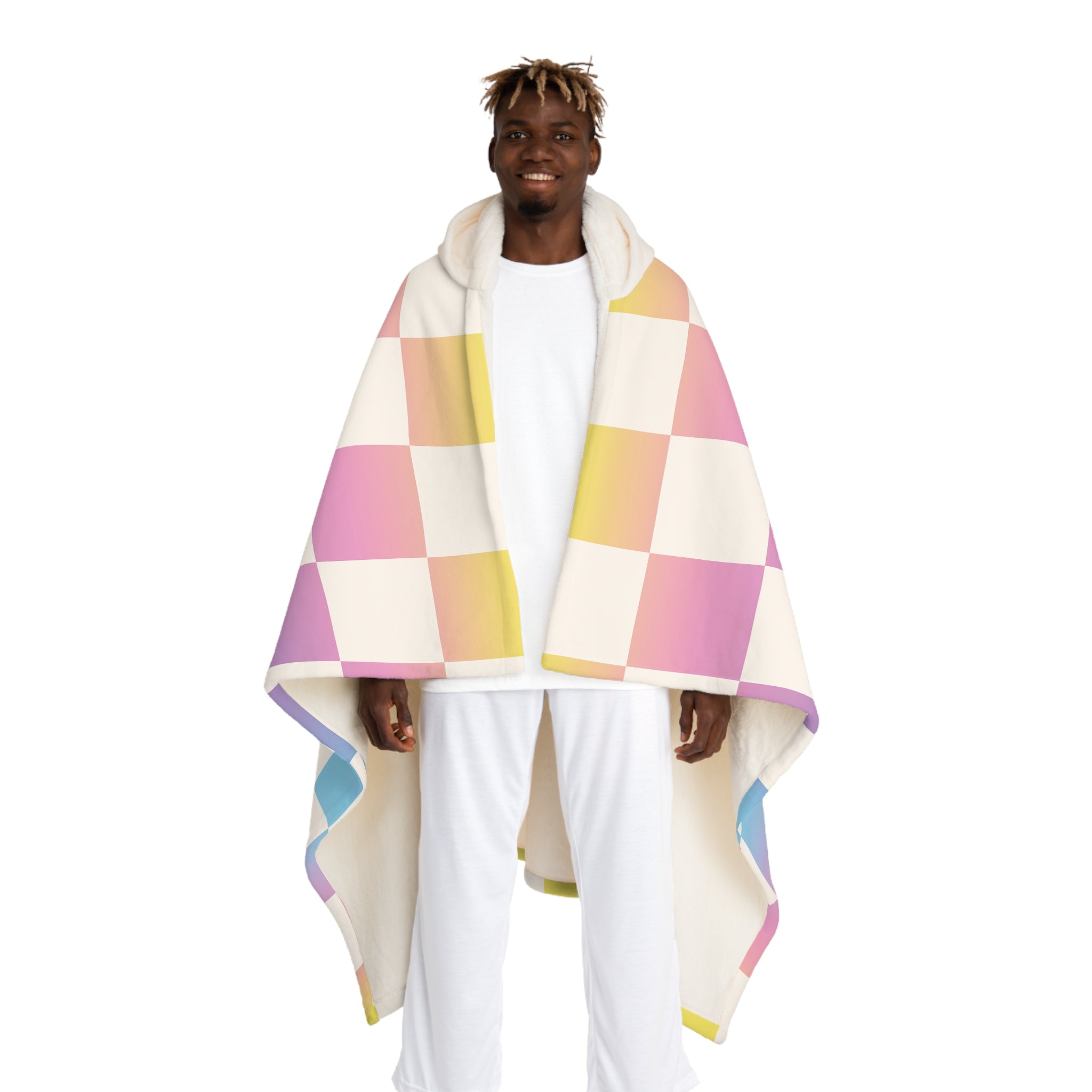 Vaporwave Check Hooded Sherpa Fleece Blanket, Artsulli - Art is Long, Life is Short, All Over Prints, Size, One size, Color, Cream, , , 30938798823240089400