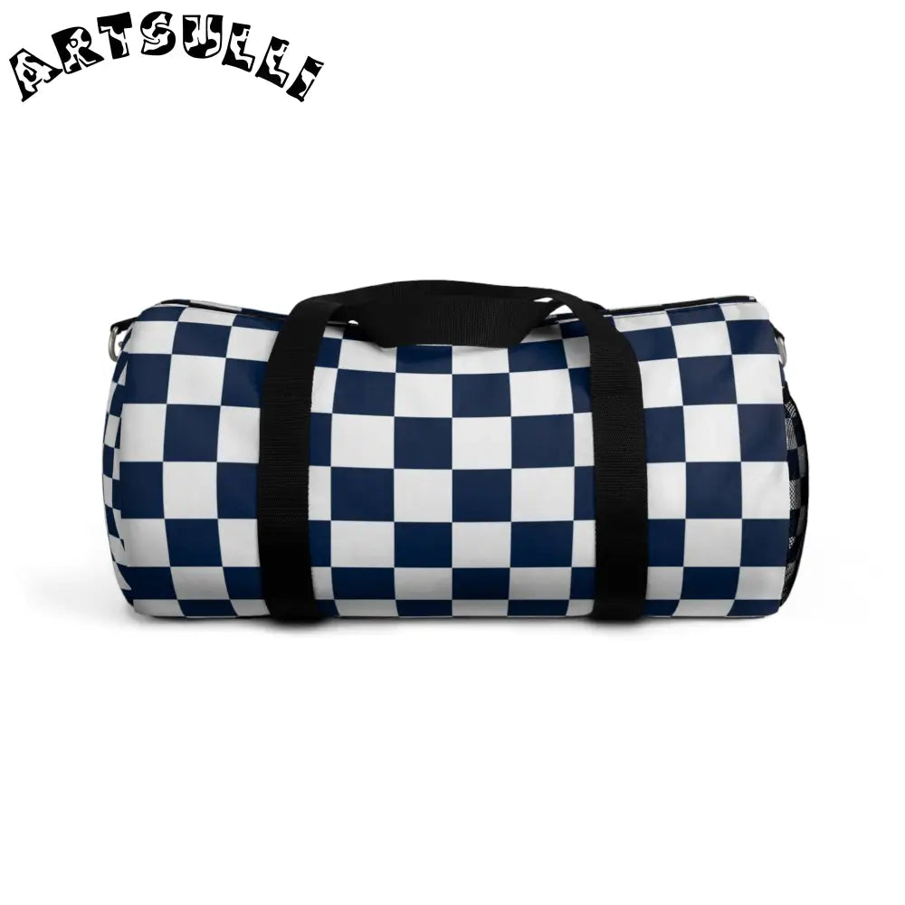 JAKKOUTTHEBXX Checkerboard II White and Navy Blue Duffel Bag