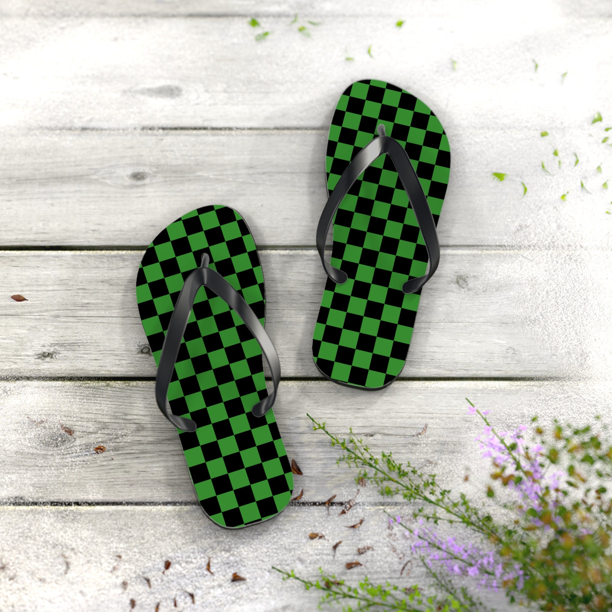 Checkerboard Green and Black Flip Flops, Artsulli - Art is Long, Life is Short, Shoes, , , , , , , 