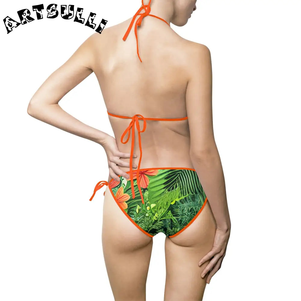 JAKKOUTTHEBXX Tropical Leaf Orange Flower Bikini Swimsuit with White