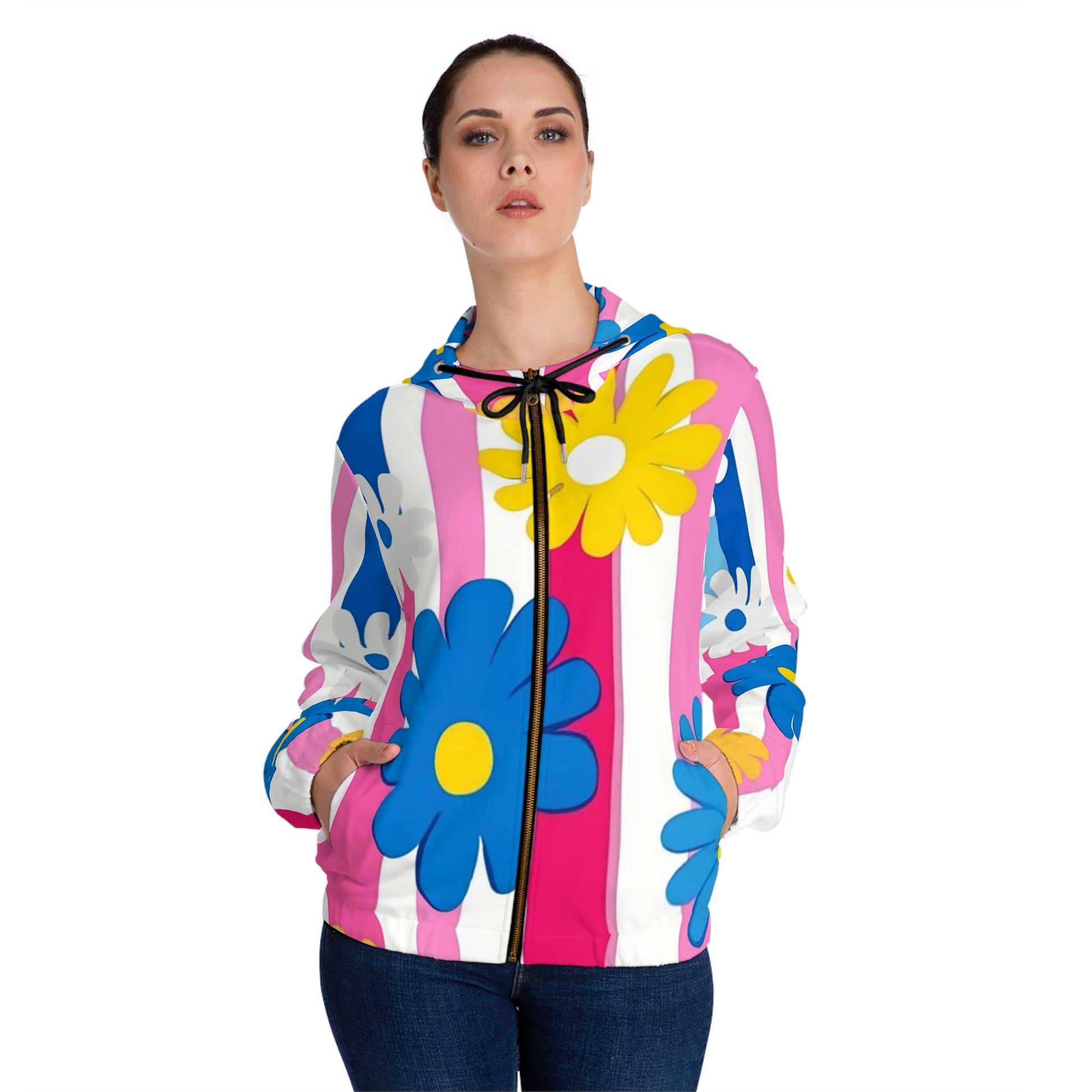 Flowers x Stripes Multi-Color Women’s Full-Zip Hoodie (AOP), Artsulli - Art is Long, Life is Short, All Over Prints, , , , , , , 