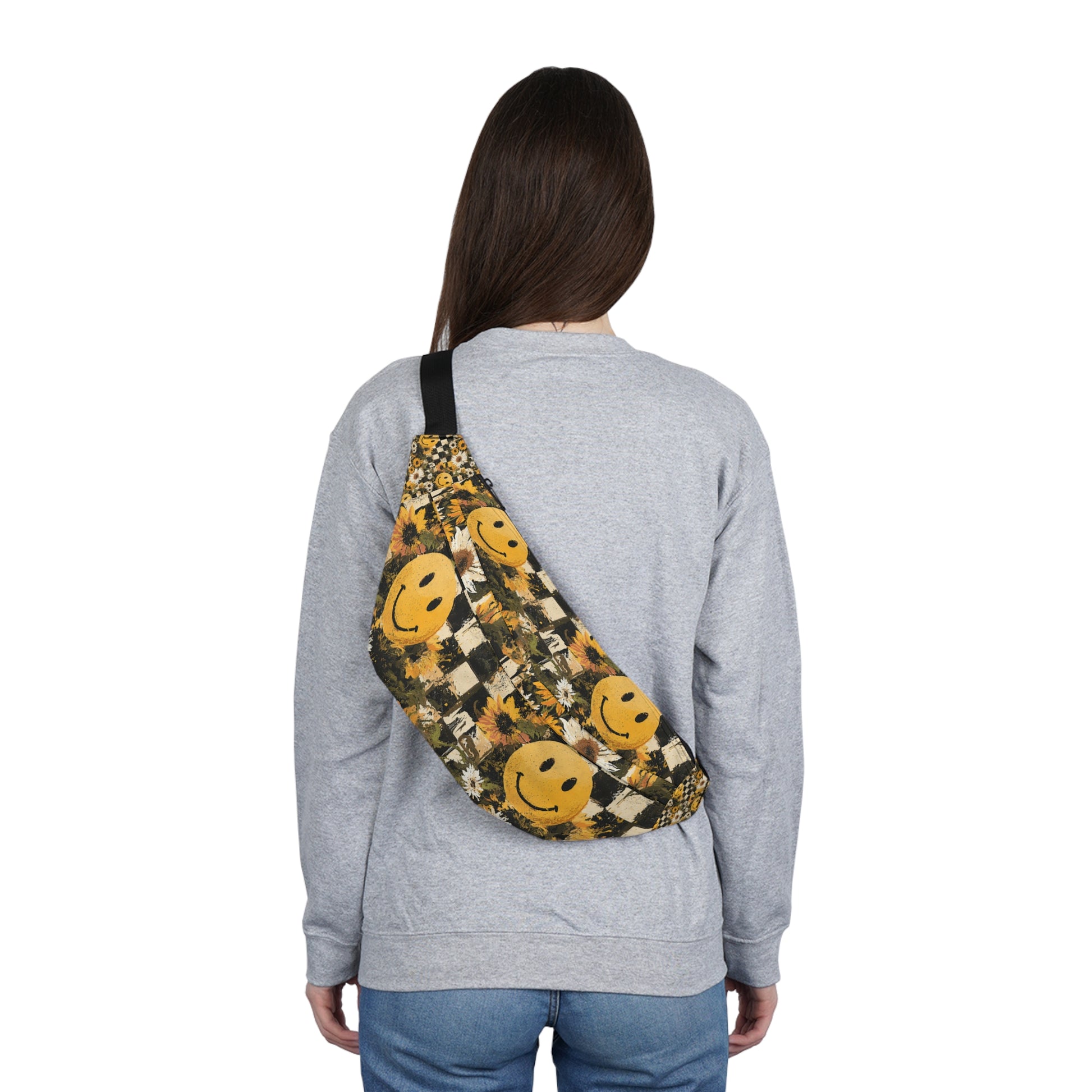 Smiley Face x Checkerboard x Sunflowers x Trippy x Vintage Black and Yellow Large Fanny Pack, Artsulli - Art is Long, Life is Short, Bags, , , , , , , 