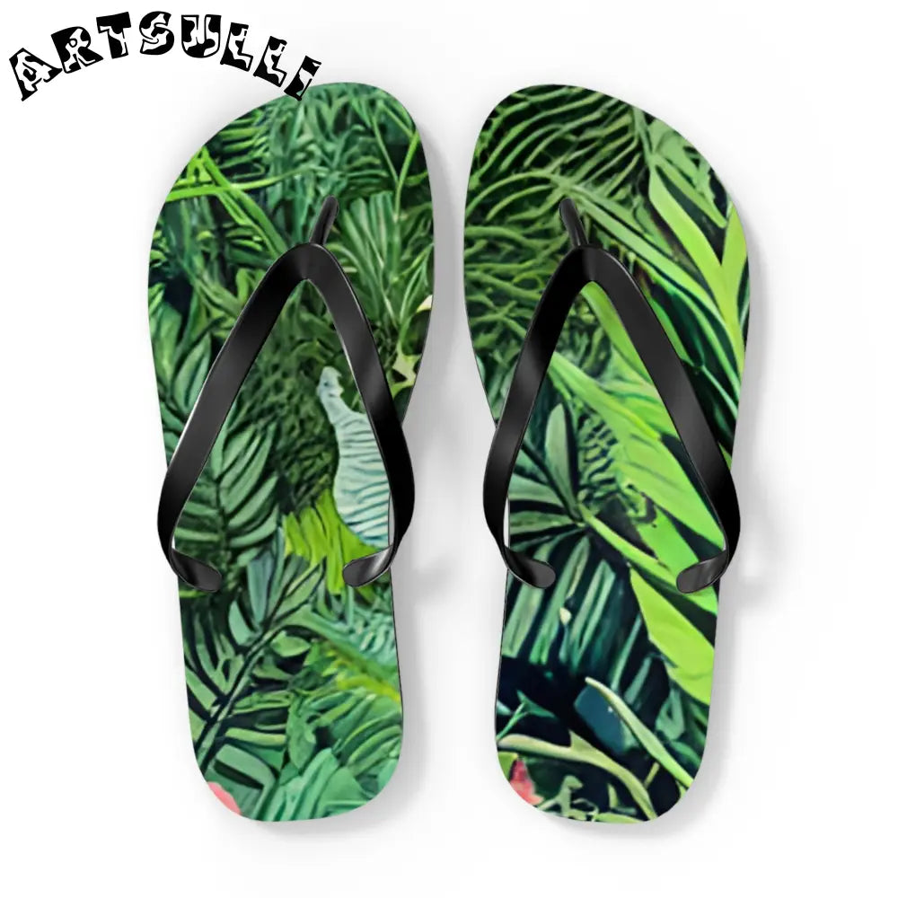 JAKKOUTTHEBXX Black Strapped Flip Flops with Green Leaf Pattern