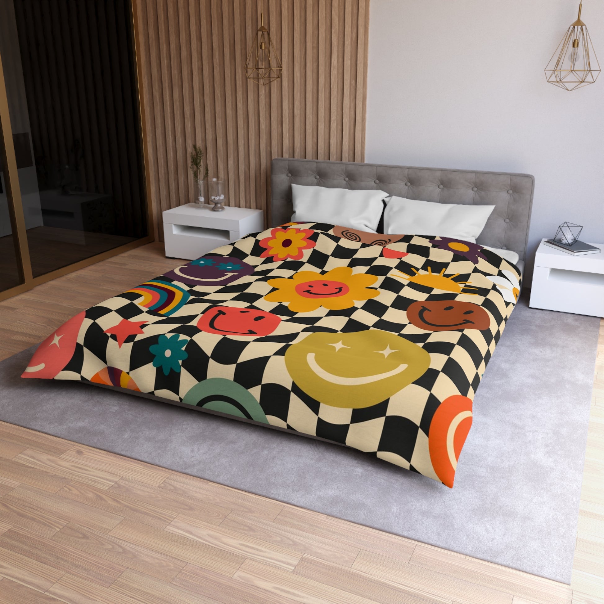 Trippy x Wavy Checkerboard x Smiley Face x Rainbow x Flowers Multi-Color Microfiber Duvet Cover, Artsulli - Art is Long, Life is Short, Home Decor, , , , , , , 