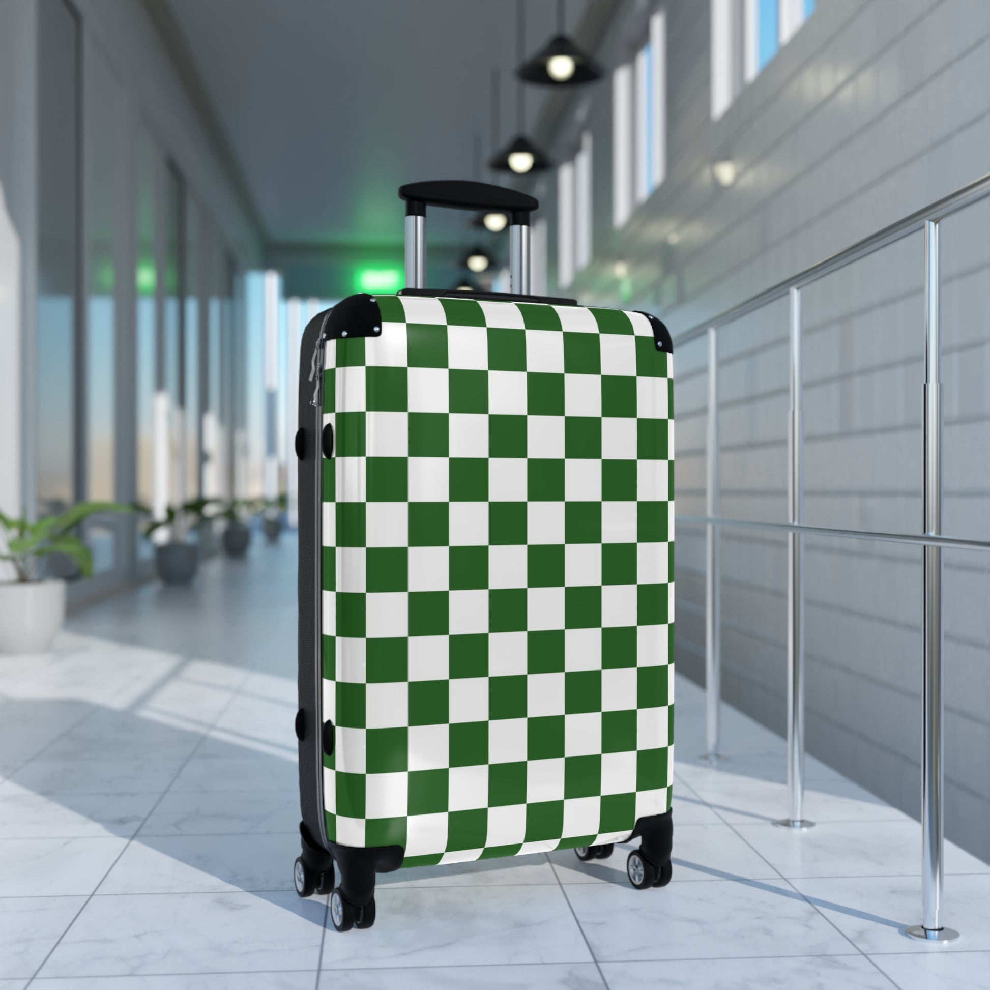 Checkerboard White and Dark Green Suitcase, Artsulli - Art is Long, Life is Short, Bags, , , , , , , 