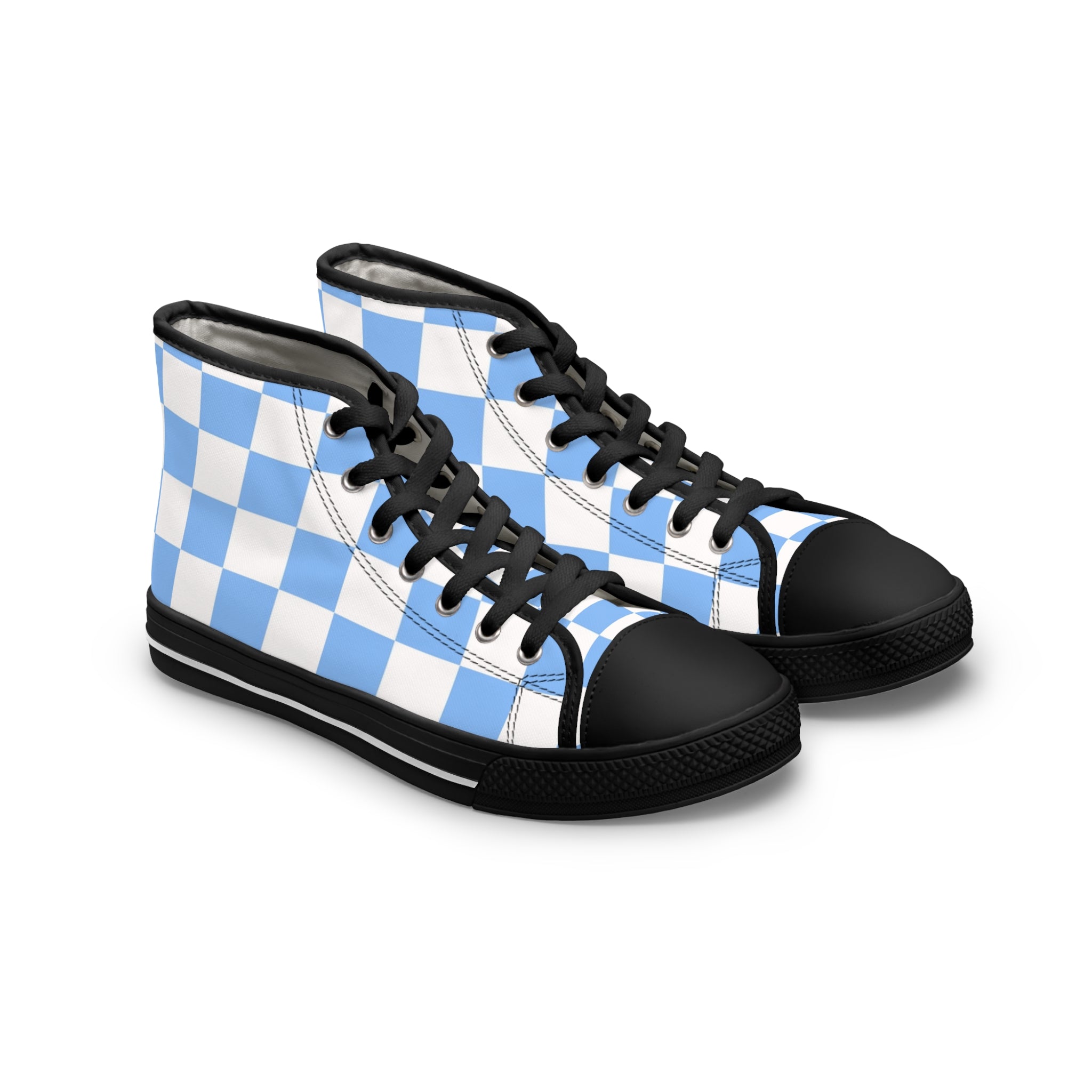 Checkerboard White and Light Blue Women's High Top Sneakers, Artsulli - Art is Long, Life is Short, Shoes, Size, US 5.5, Color, Black sole, , , 12342638038613397164