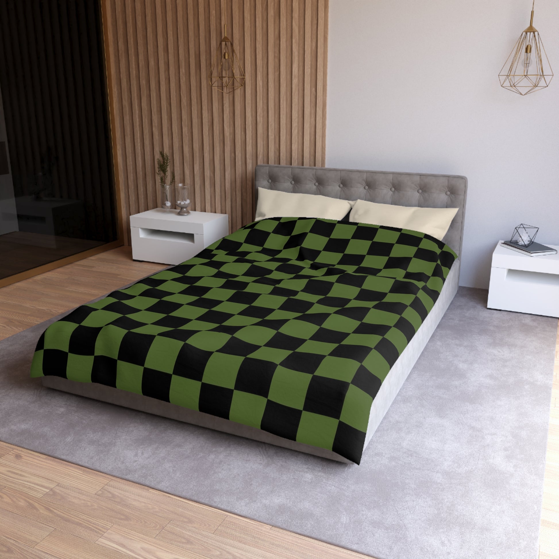 Checkerboard Olive Green and Black Microfiber Duvet Cover, Artsulli - Art is Long, Life is Short, Home Decor, , , , , , , 