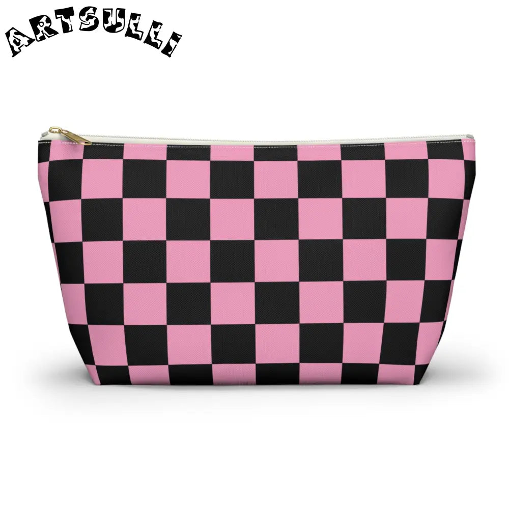 JAKKOUTTHEBXX Checkerboard Black and Pink Accessory Pouch w T-bottom