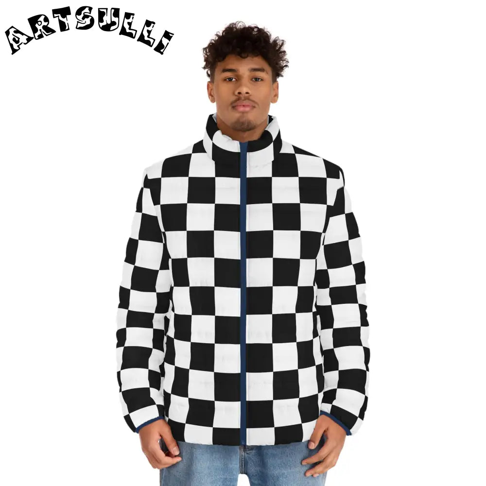JAKKOUTTHEBXX Checkerboard Black and White Men’s Puffer Jacket (AOP)