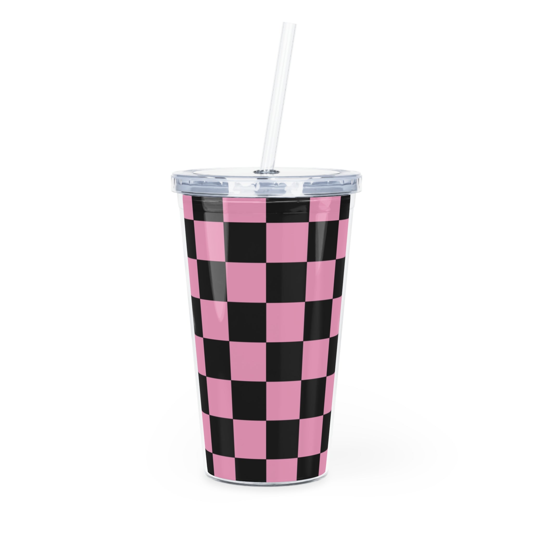 Checkerboard Black and Pink Plastic Tumbler with Straw, Artsulli - Art is Long, Life is Short, Mug, Size, 20oz, Color, Transparent, , , 30082893632690889024