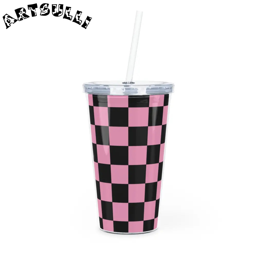 JAKKOUTTHEBXX Checkerboard Black and Pink Plastic Tumbler with Straw