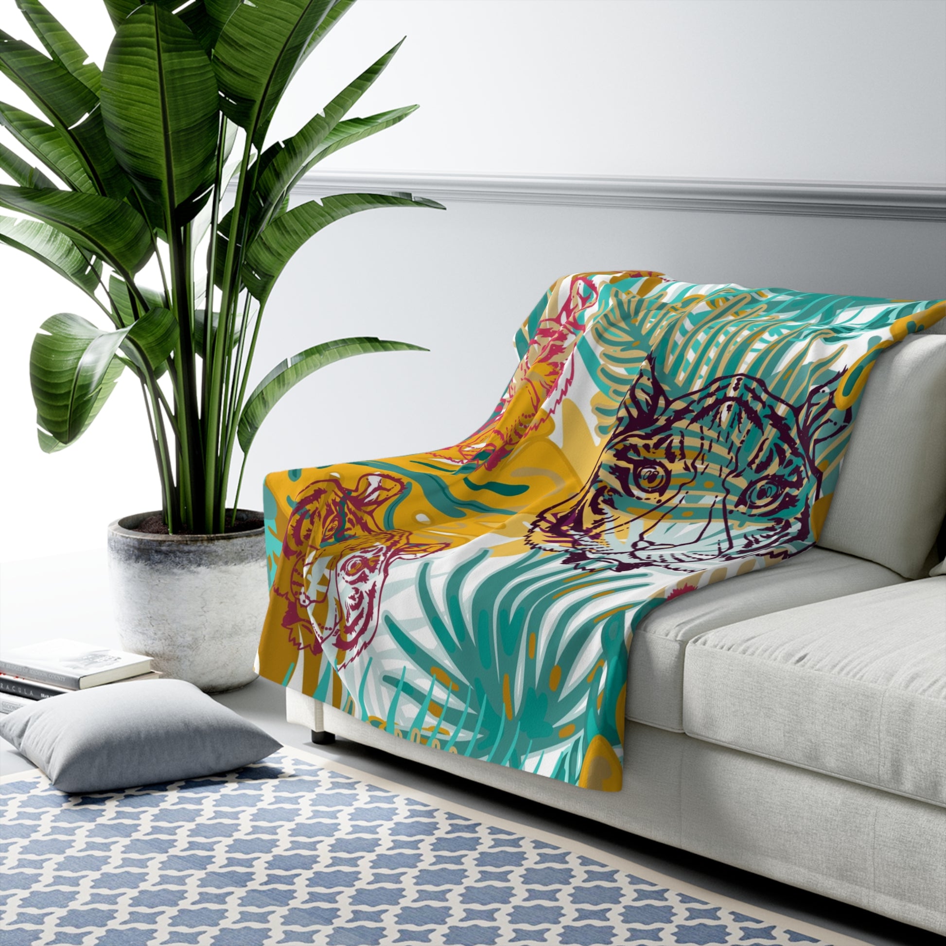 Tropical Jungle Tigers Brown and Green Sherpa Fleece Blanket, Artsulli - Art is Long, Life is Short, Home Decor, , , , , , , 