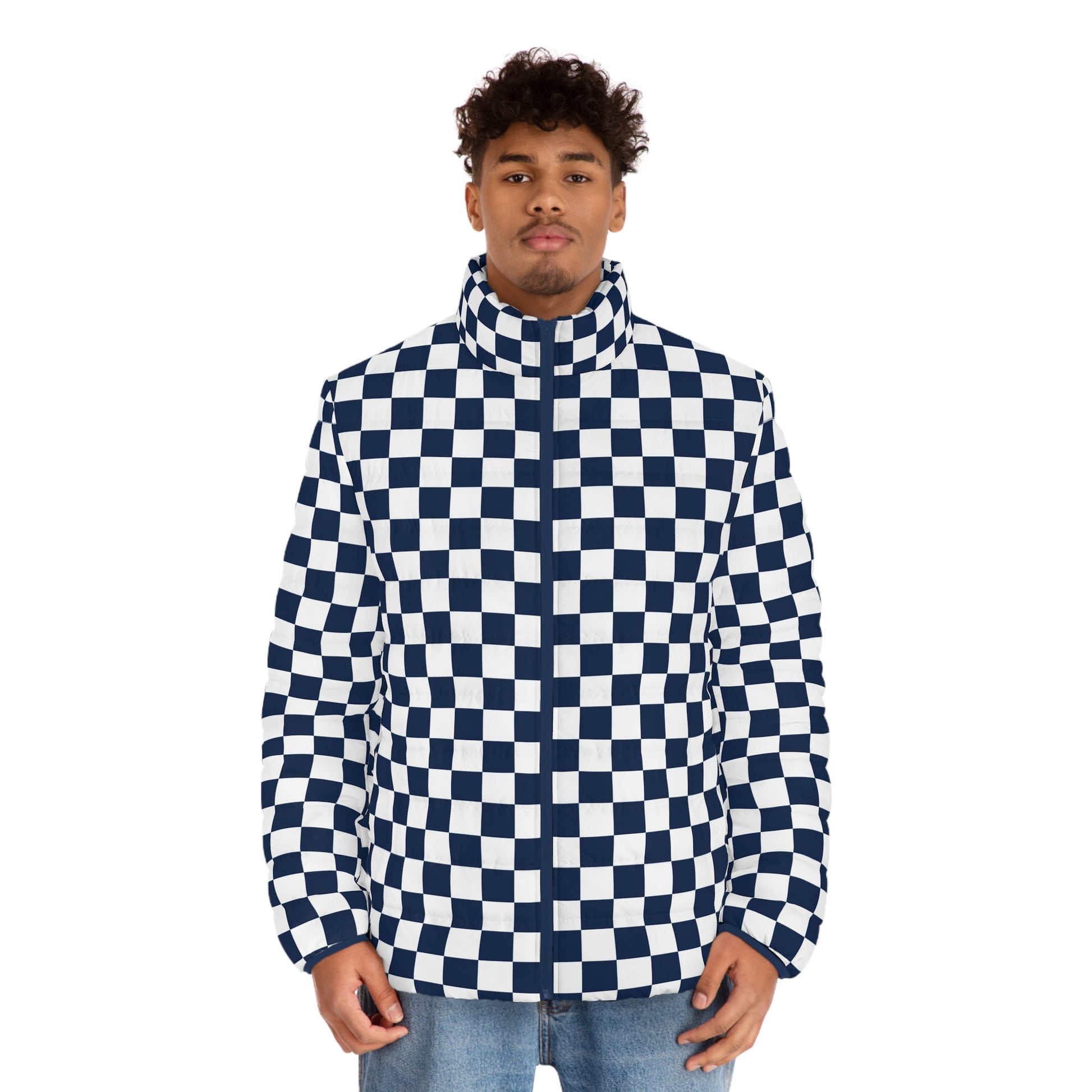 Checkerboard White and Navy Blue Men's Puffer Jacket (AOP), Artsulli - Art is Long, Life is Short, All Over Prints, , , , , , , 