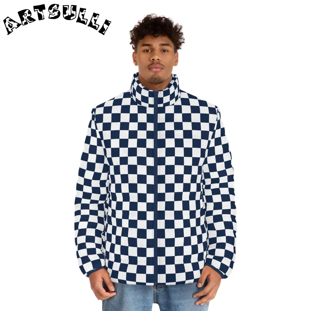 JAKKOUTTHEBXX Checkerboard White and Navy Blue Men’s Puffer Jacket