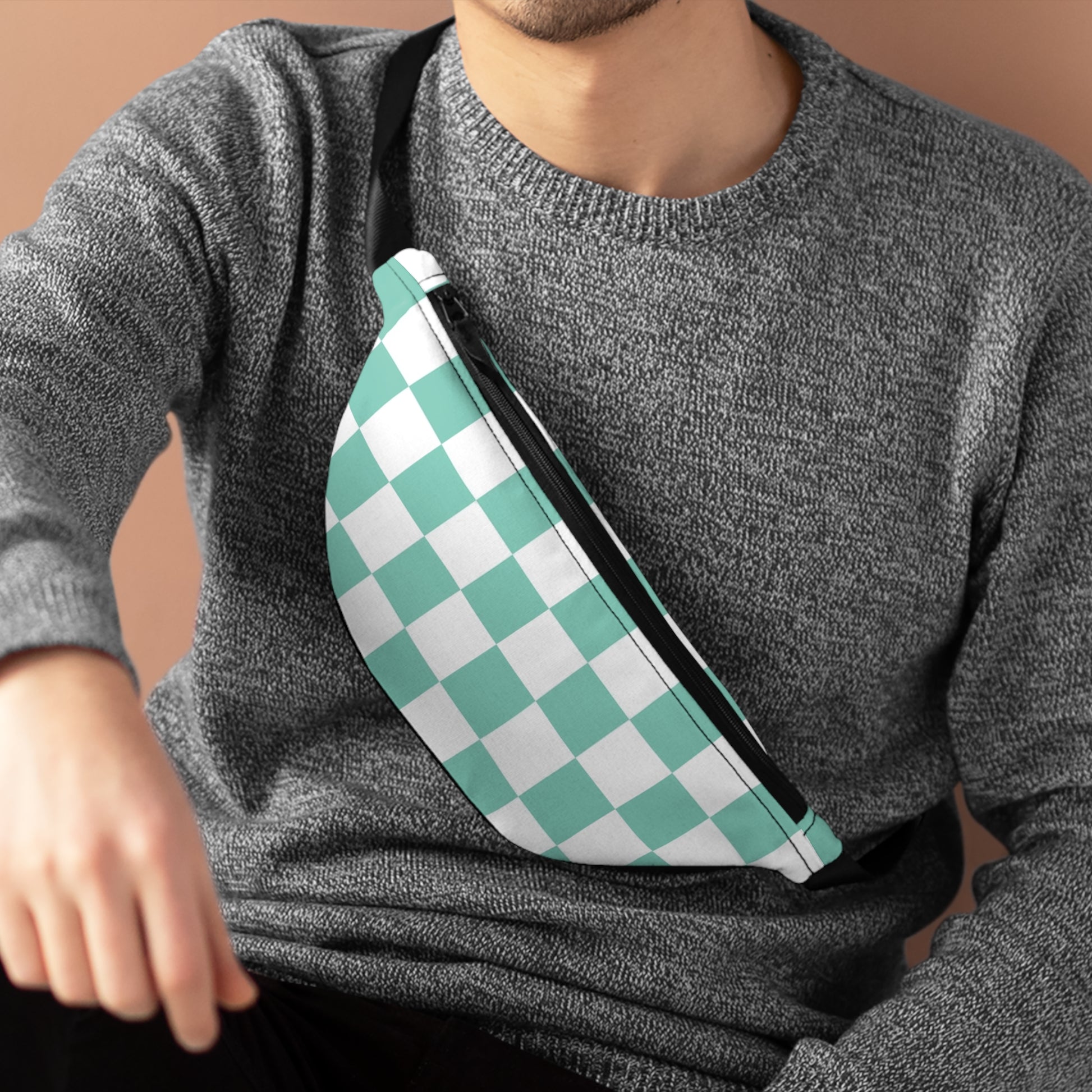 Checkerboard Light Green Fanny Pack, Artsulli - Art is Long, Life is Short, Bags, , , , , , , 