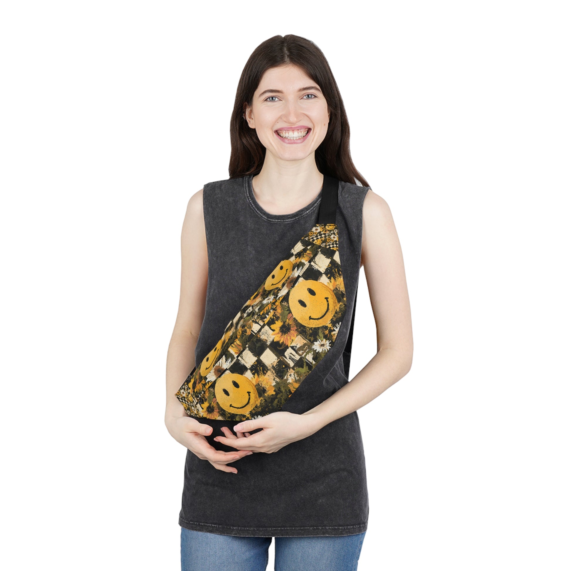 Smiley Face x Checkerboard x Sunflowers x Trippy x Vintage Black and Yellow Large Fanny Pack, Artsulli - Art is Long, Life is Short, Bags, , , , , , , 