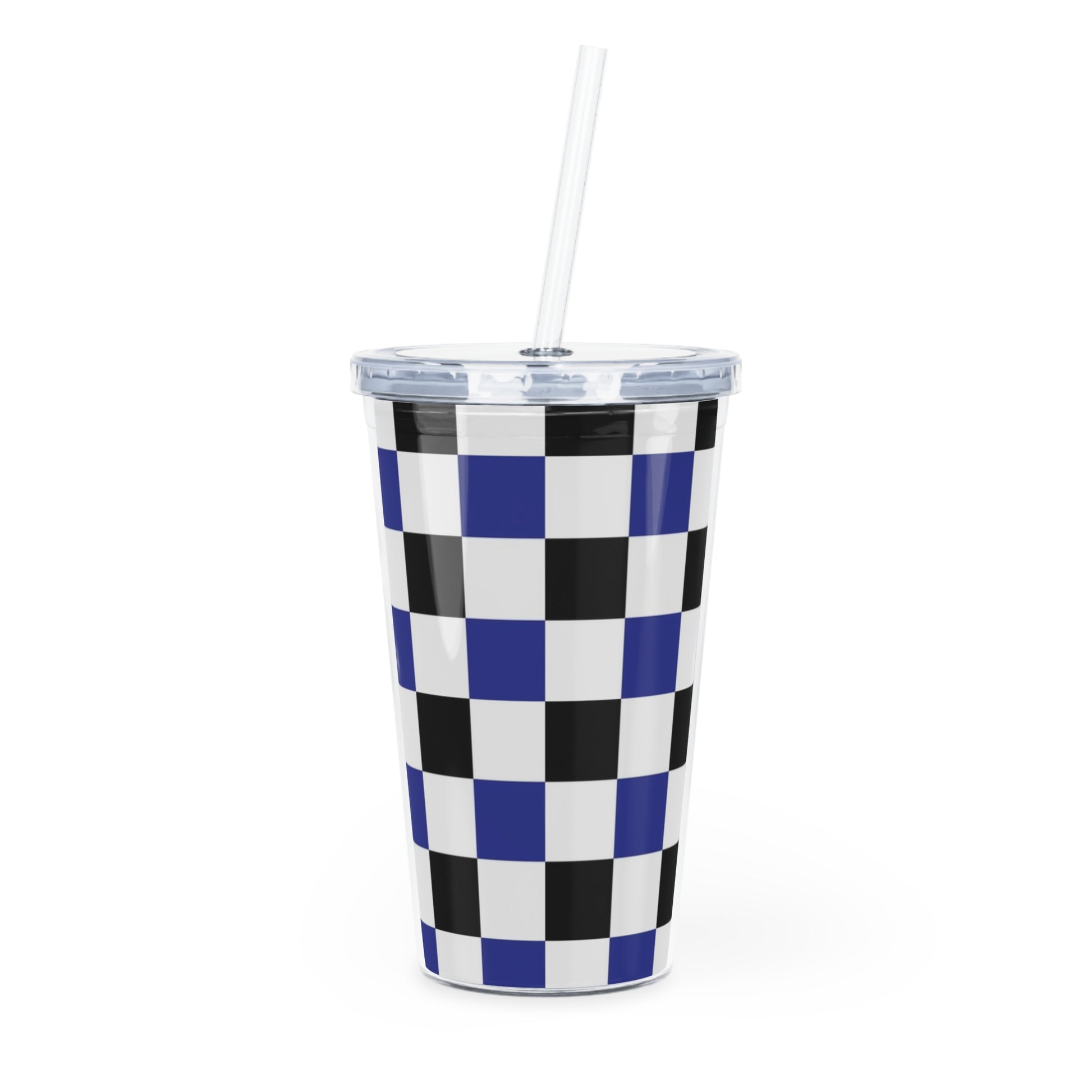 Checkerboard Blue White and Black Plastic Tumbler with Straw, Artsulli - Art is Long, Life is Short, Mug, Size, 20oz, Color, Transparent, , , 32693227049147819487
