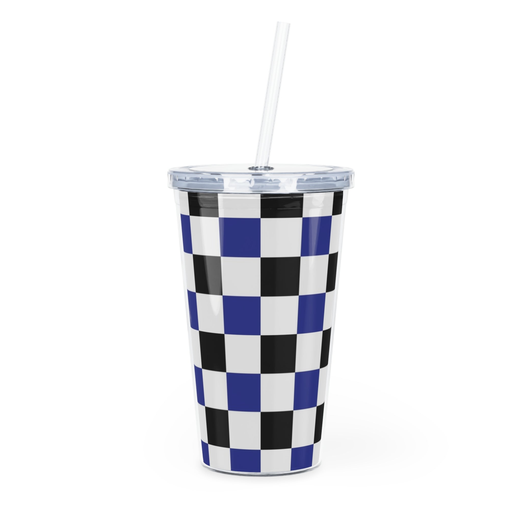 Checkerboard Blue White and Black Plastic Tumbler with Straw, Artsulli - Art is Long, Life is Short, Mug, Size, 20oz, Color, Transparent, , , 32693227049147819487